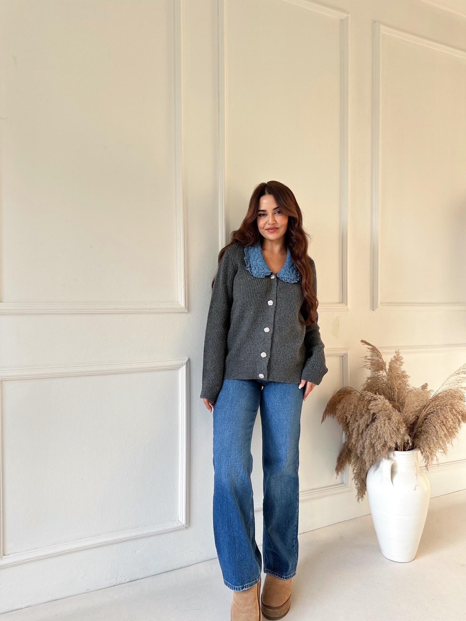 Denim Yakalı Kadın Triko Hırka - Antasit