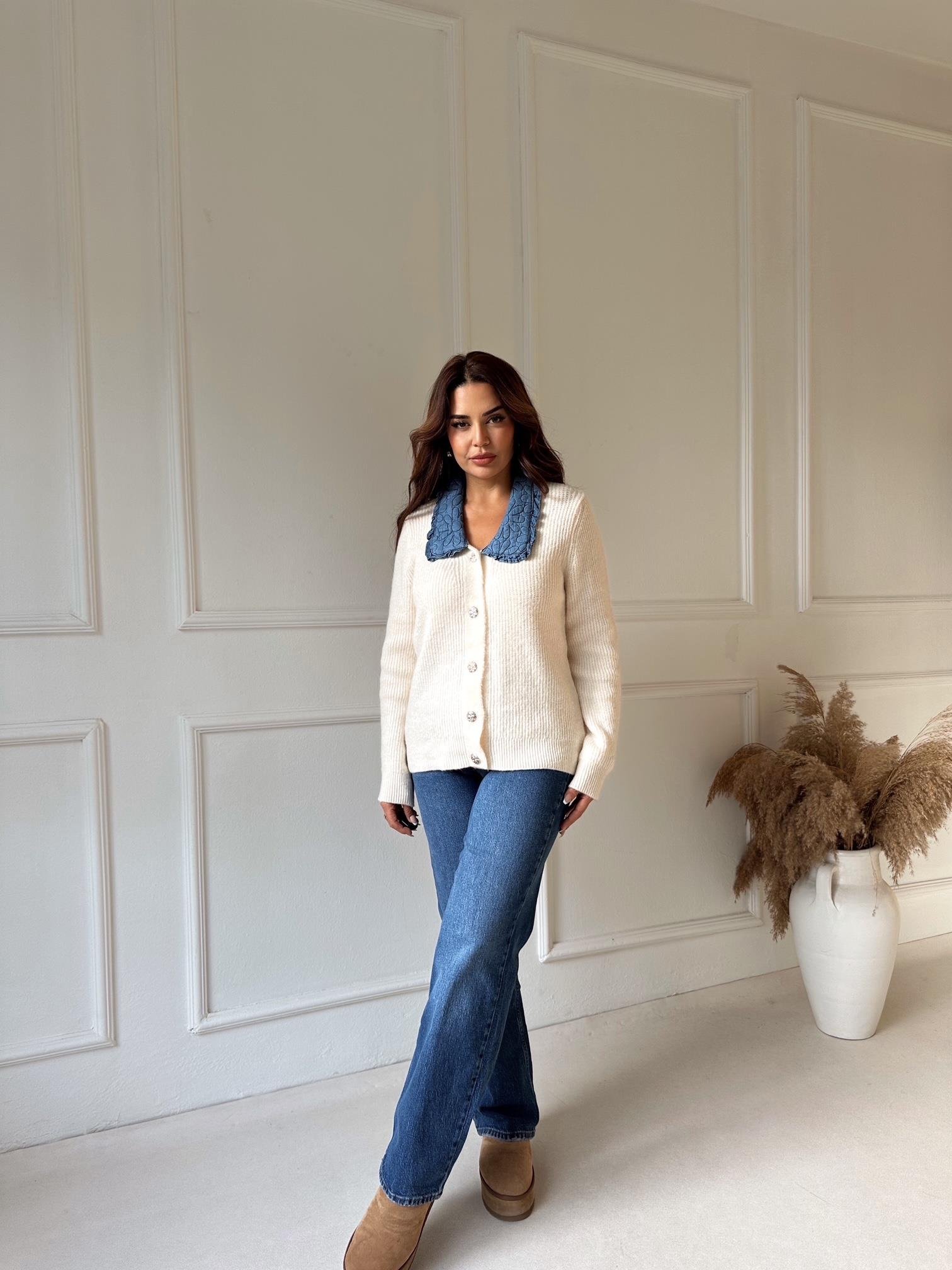 Denim Yakalı Kadın Triko Hırka - Ekru