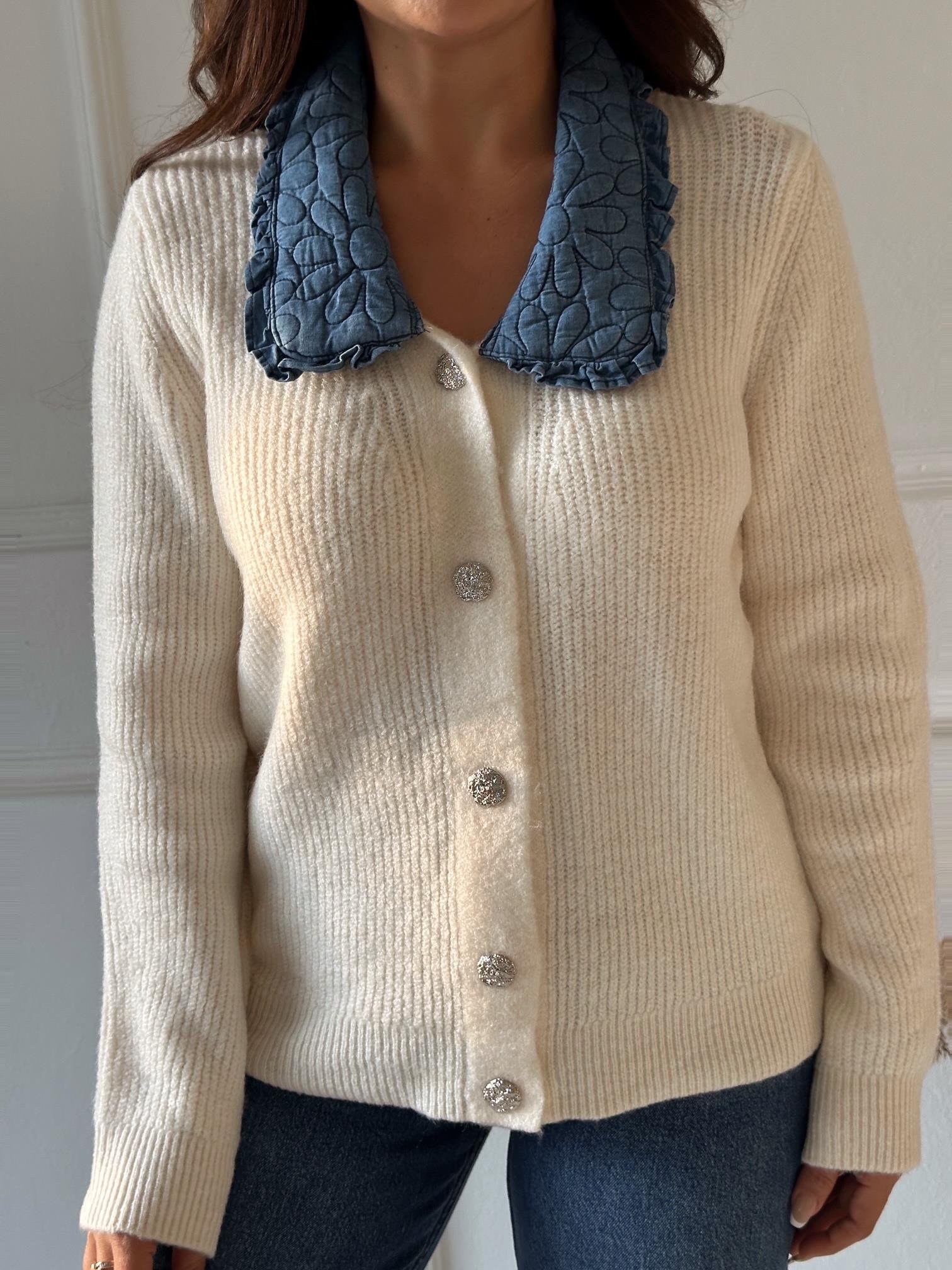 Denim Yakalı Kadın Triko Hırka - Ekru