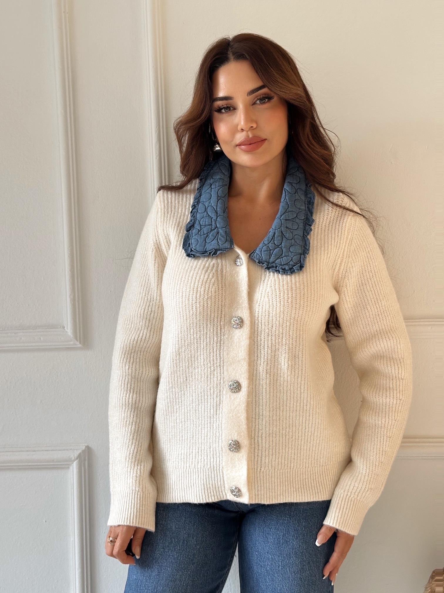 Denim Yakalı Kadın Triko Hırka - Ekru