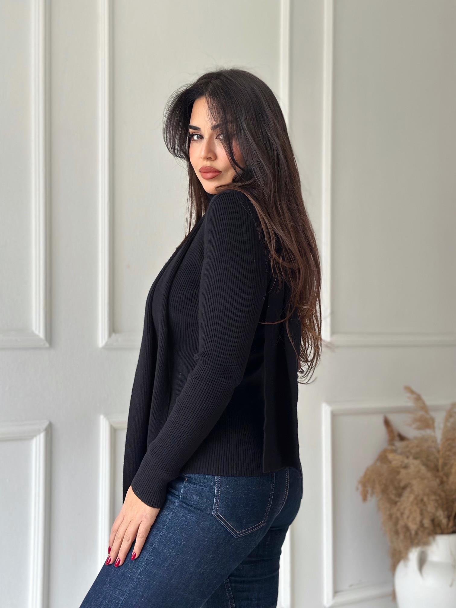 Elara Kendinden Atkılı Premium Triko Bluz - Siyah