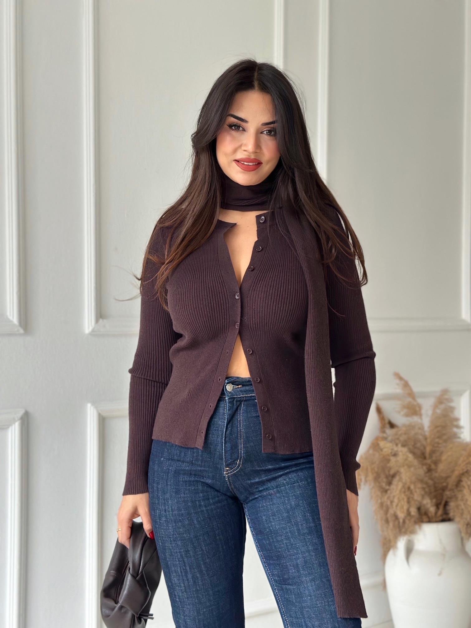 Elara Kendinden Atkılı Premium Triko Bluz - Kahve