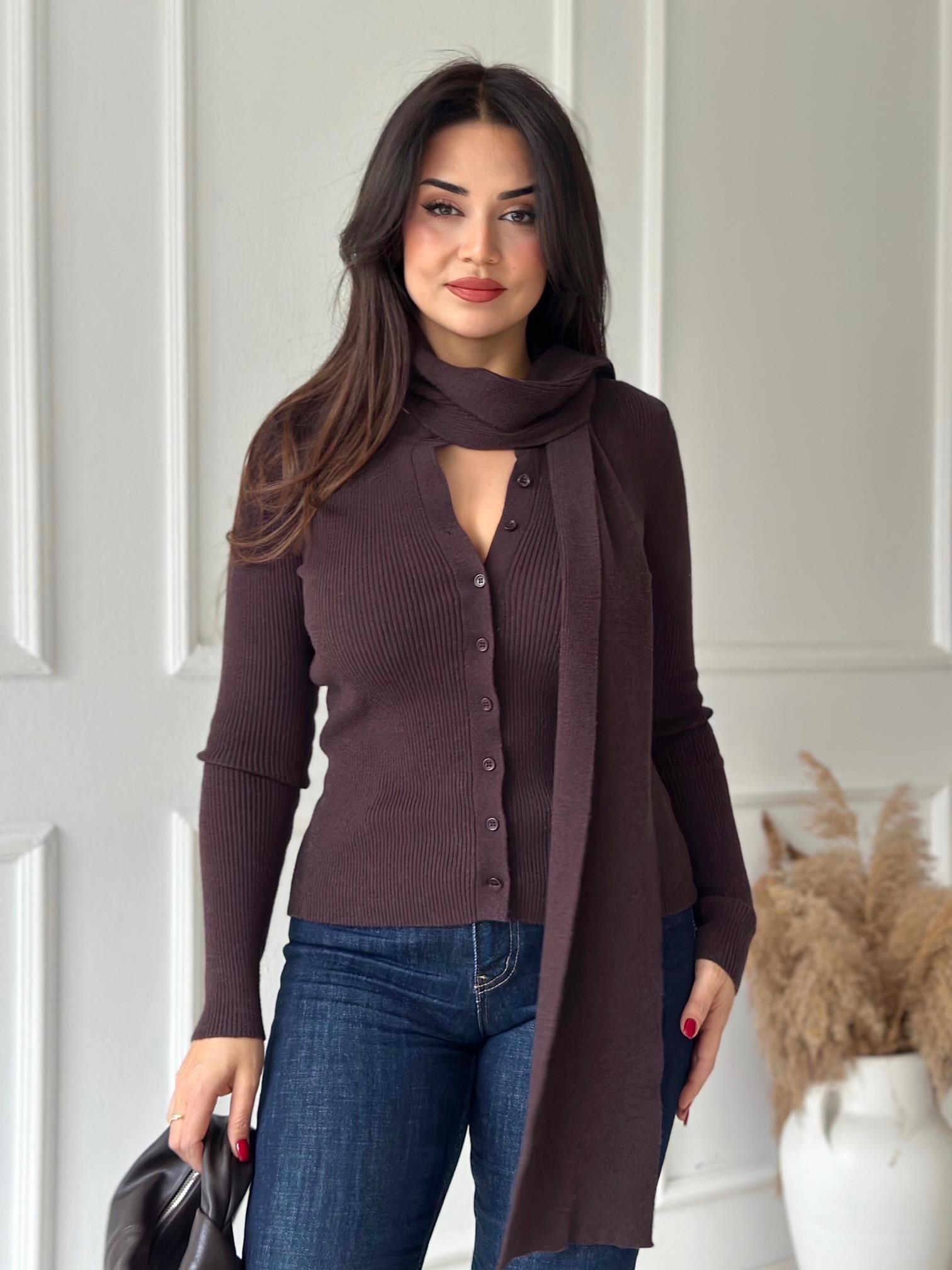 Elara Kendinden Atkılı Premium Triko Bluz - Kahve