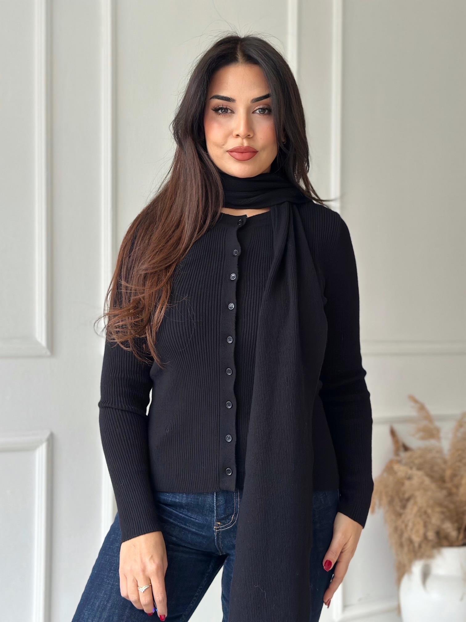 Elara Kendinden Atkılı Premium Triko Bluz - Siyah