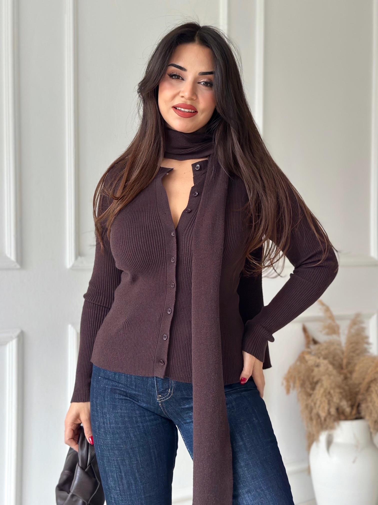 Elara Kendinden Atkılı Premium Triko Bluz - Kahve