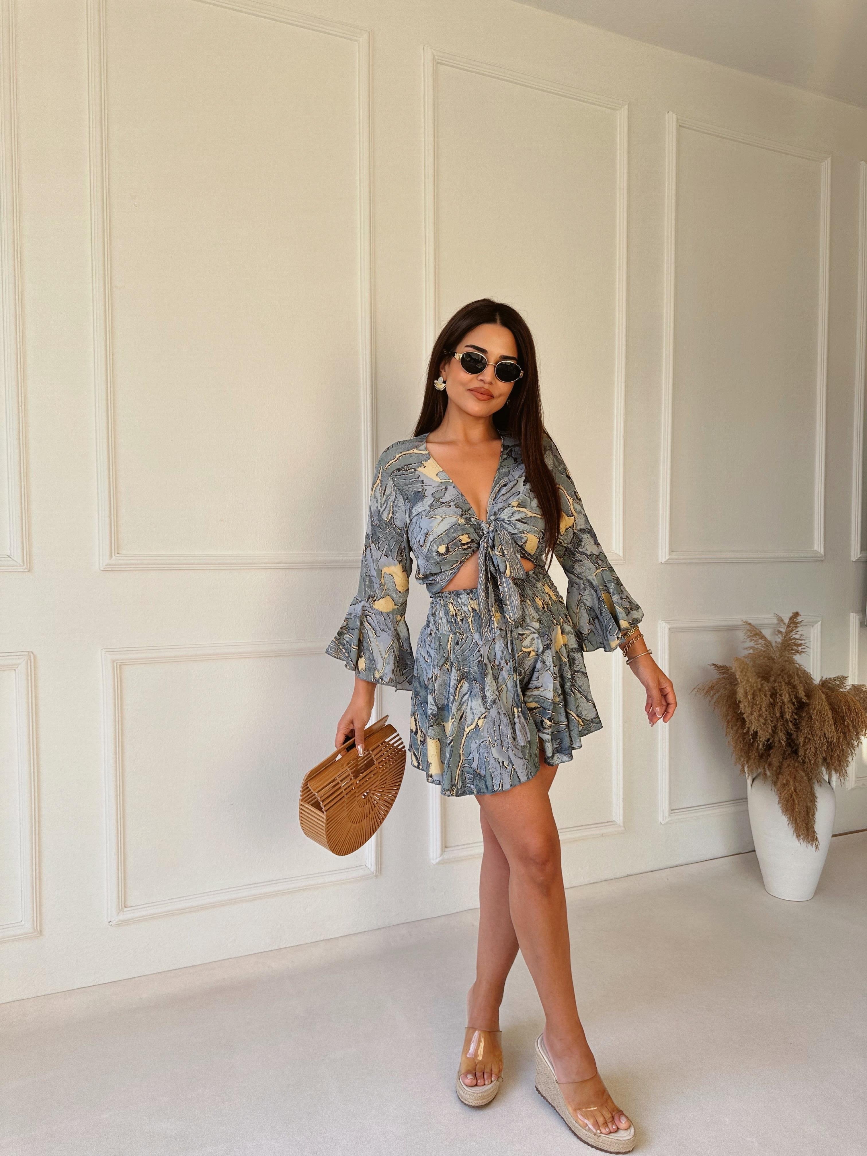 Etnik Desen Saten Bluz Şort Takım - Haki | Nora Butik 