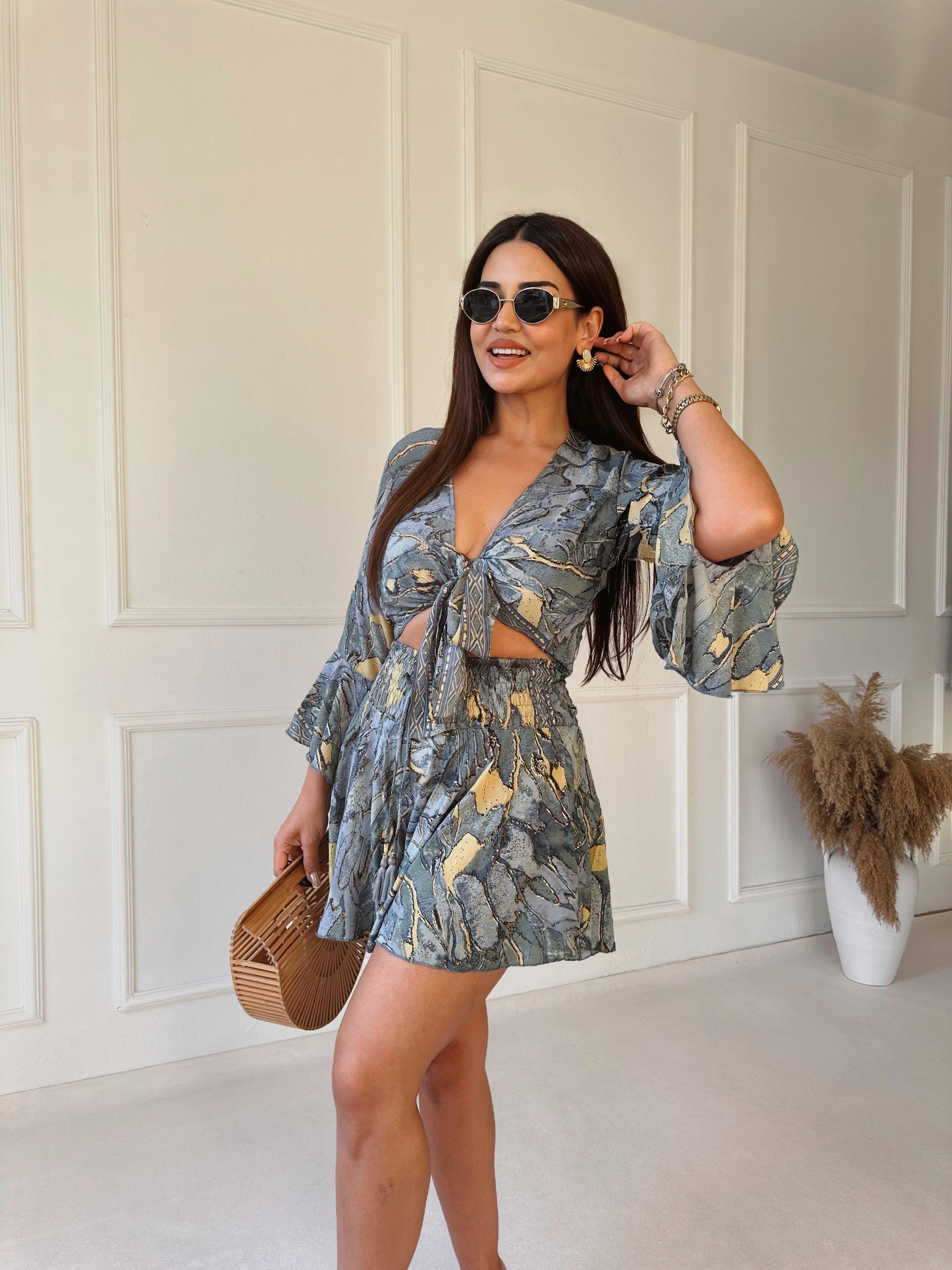 Etnik Desen Saten Bluz Şort Takım - Haki | Nora Butik 