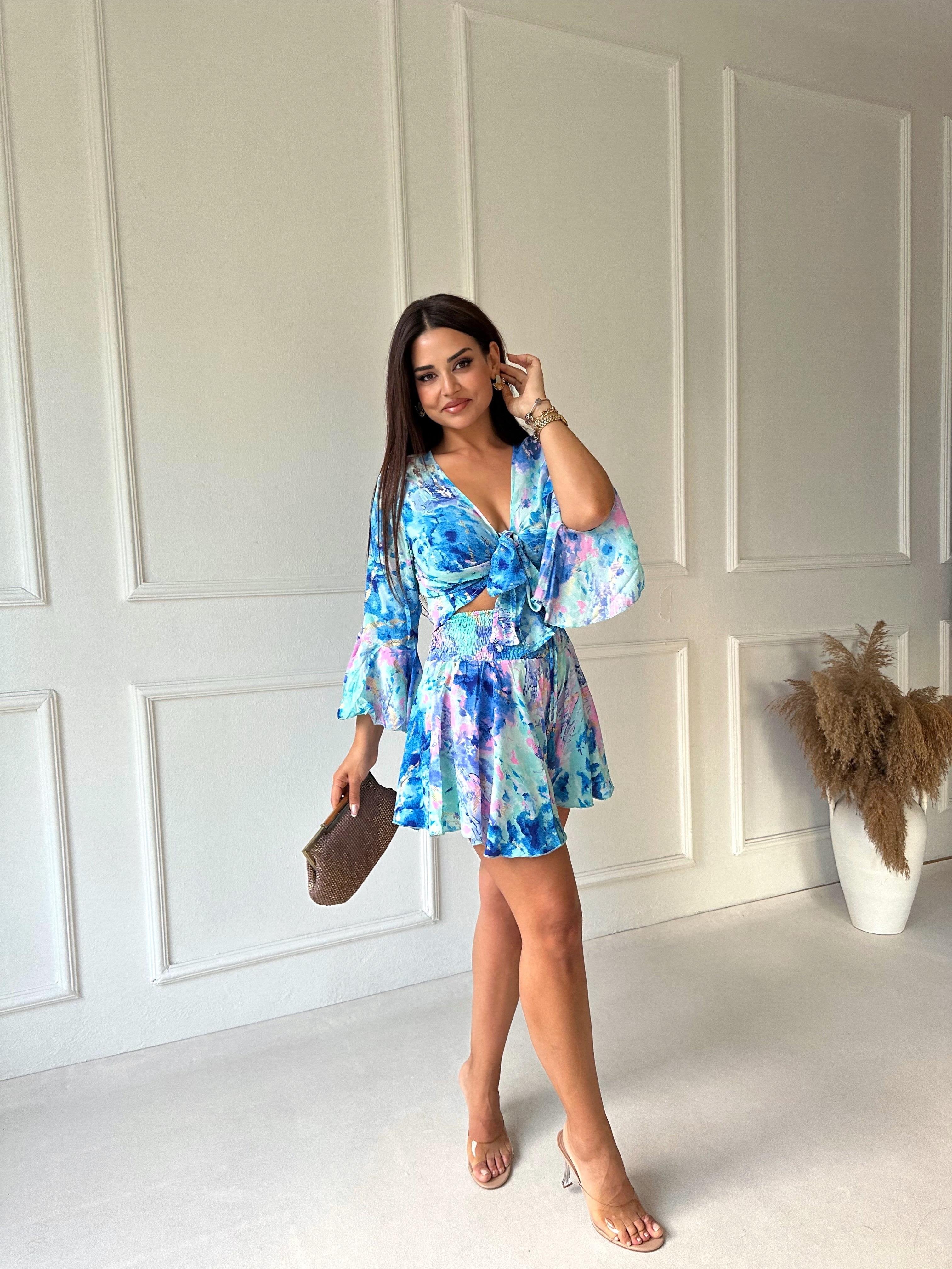 Etnik Desen Saten Bluz Şort Takım - Mavi | Nora Butik 