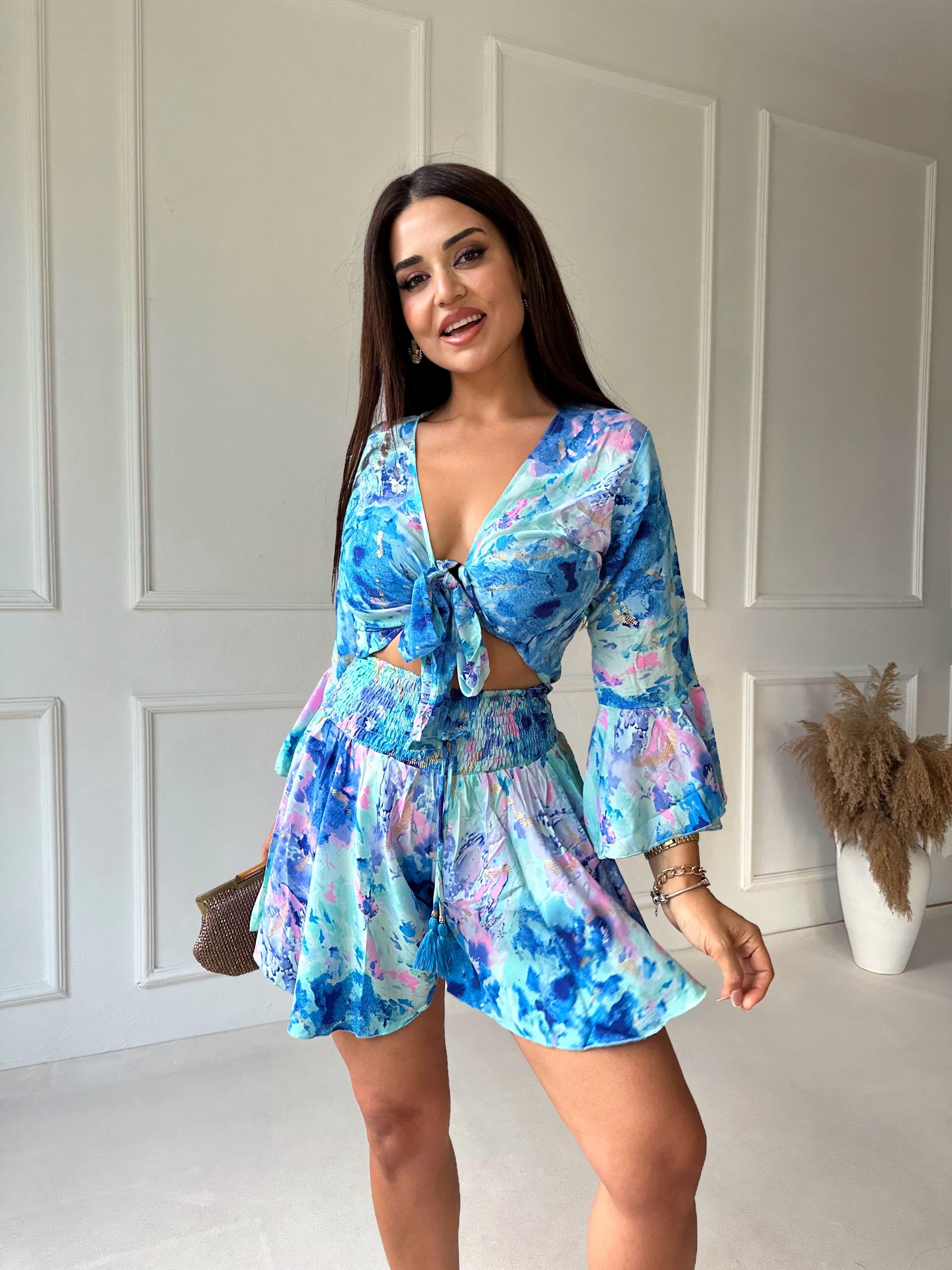 Etnik Desen Saten Bluz Şort Takım - Mavi | Nora Butik 