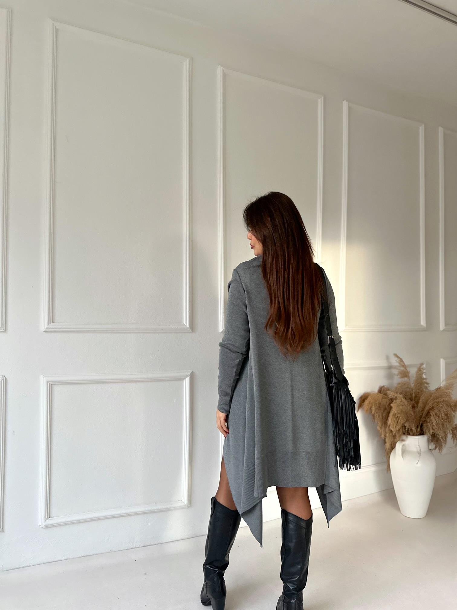 Flow Chic Asimetrik Uzun Hırka - Antrasit