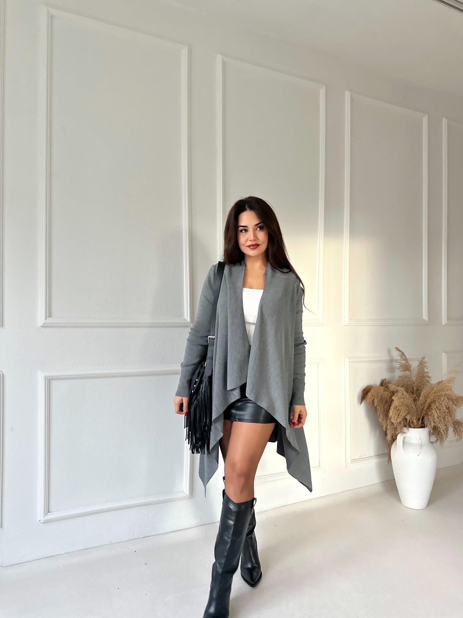 Flow Chic Asimetrik Uzun Hırka - Antrasit