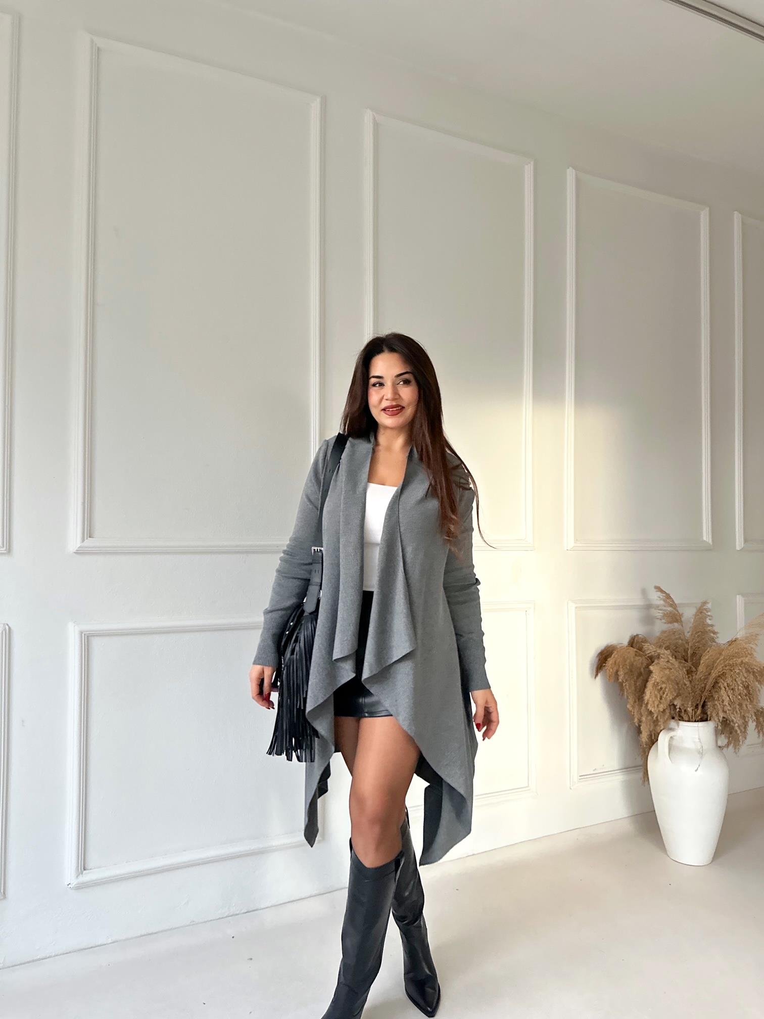 Flow Chic Asimetrik Uzun Hırka - Antrasit