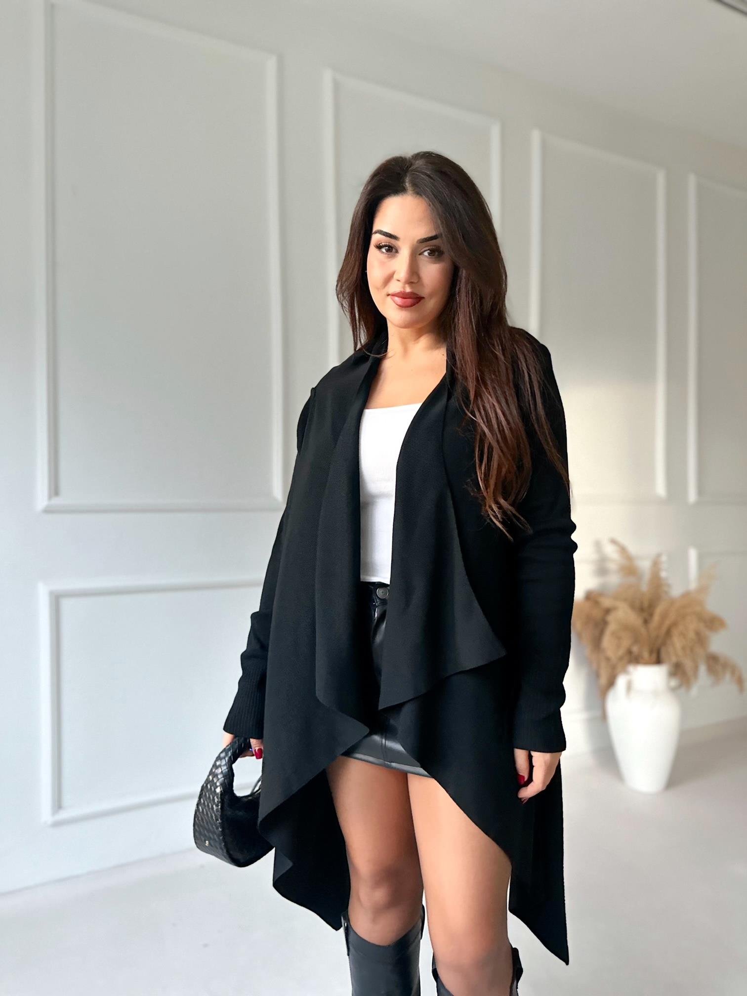 Flow Chic Asimetrik Uzun Hırka - Siyah