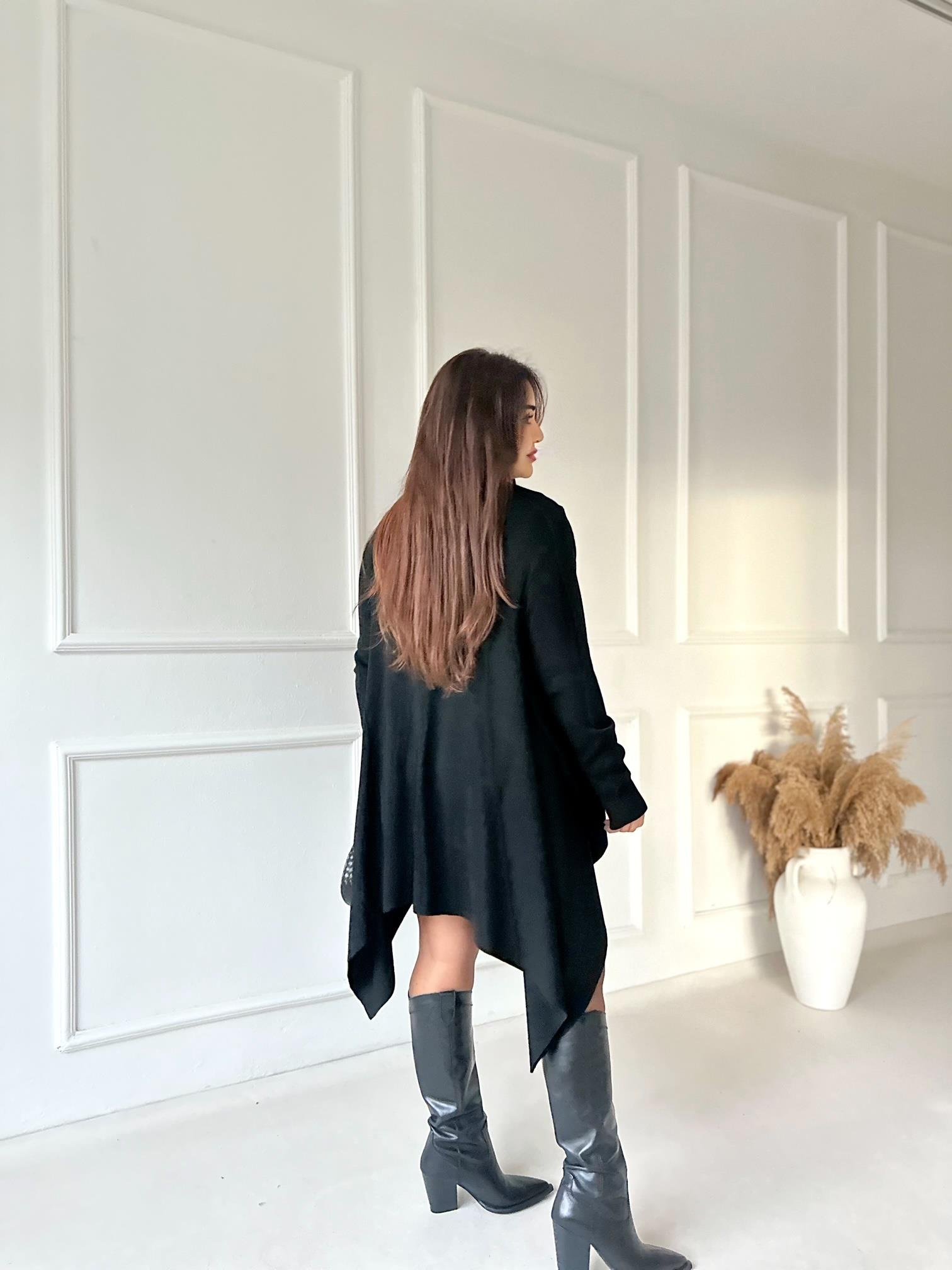 Flow Chic Asimetrik Uzun Hırka - Siyah