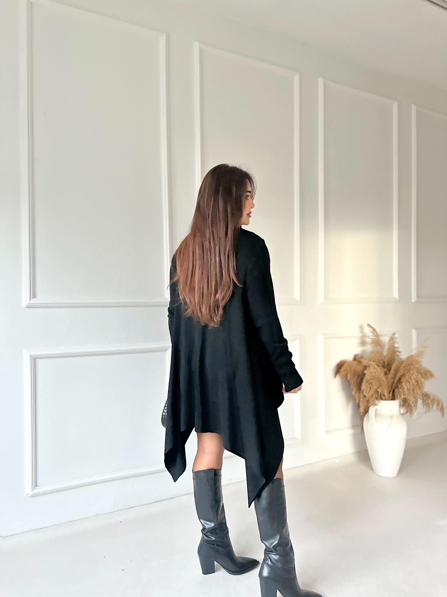 Flow Chic Asimetrik Uzun Hırka - Siyah