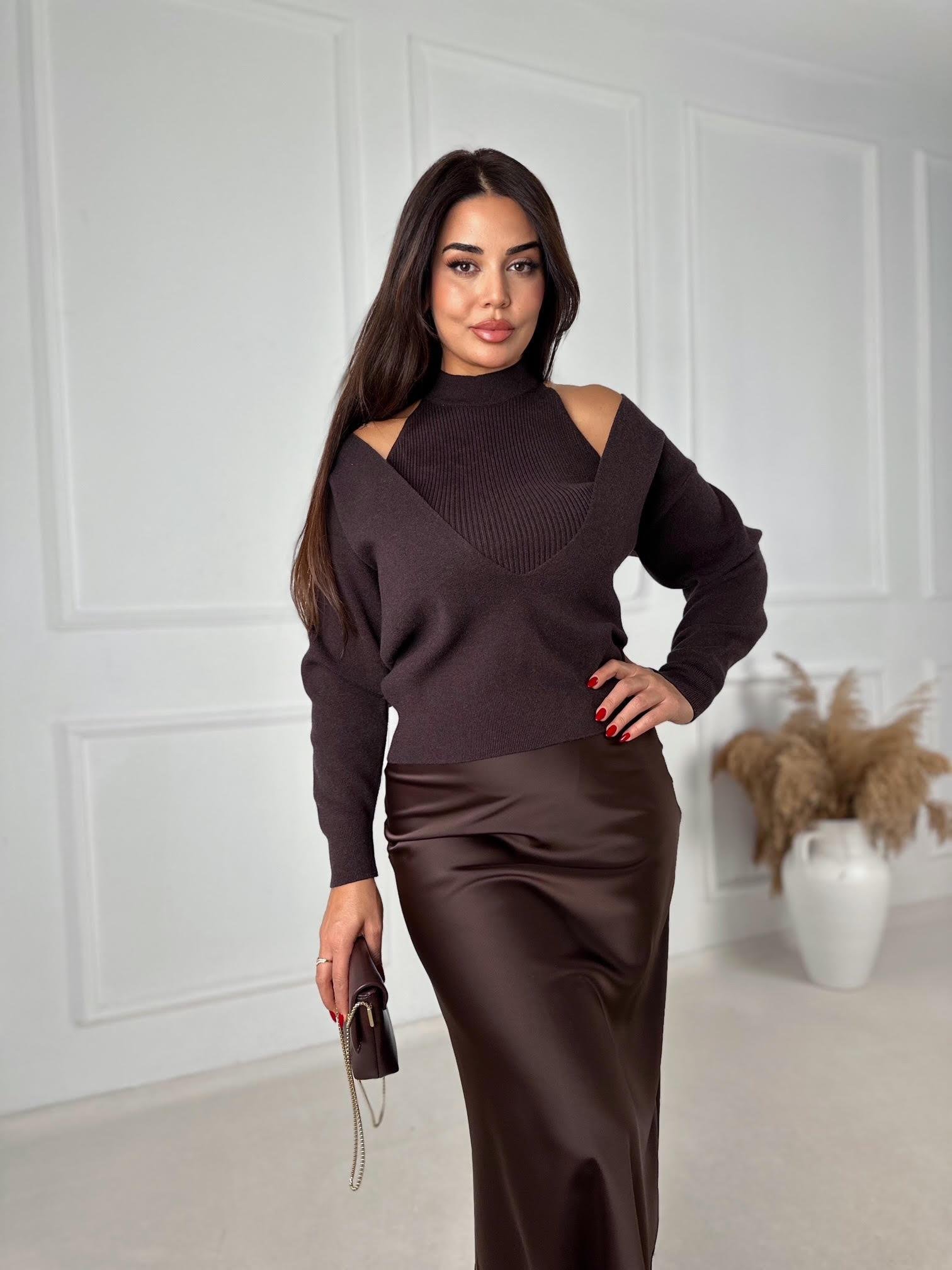 İç Atlet Detaylı İkili Triko Bluz – Kahve