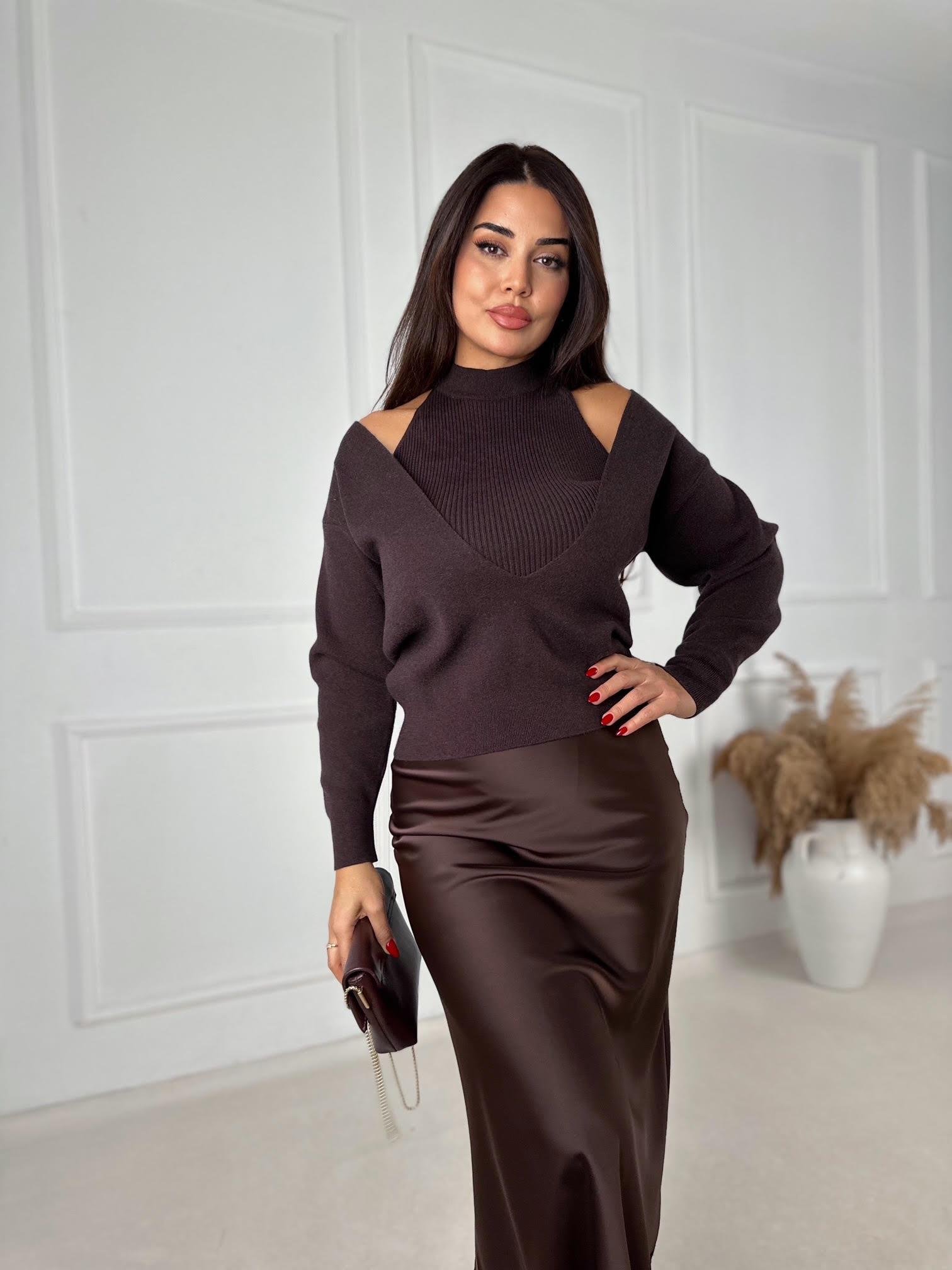 İç Atlet Detaylı İkili Triko Bluz – Kahve