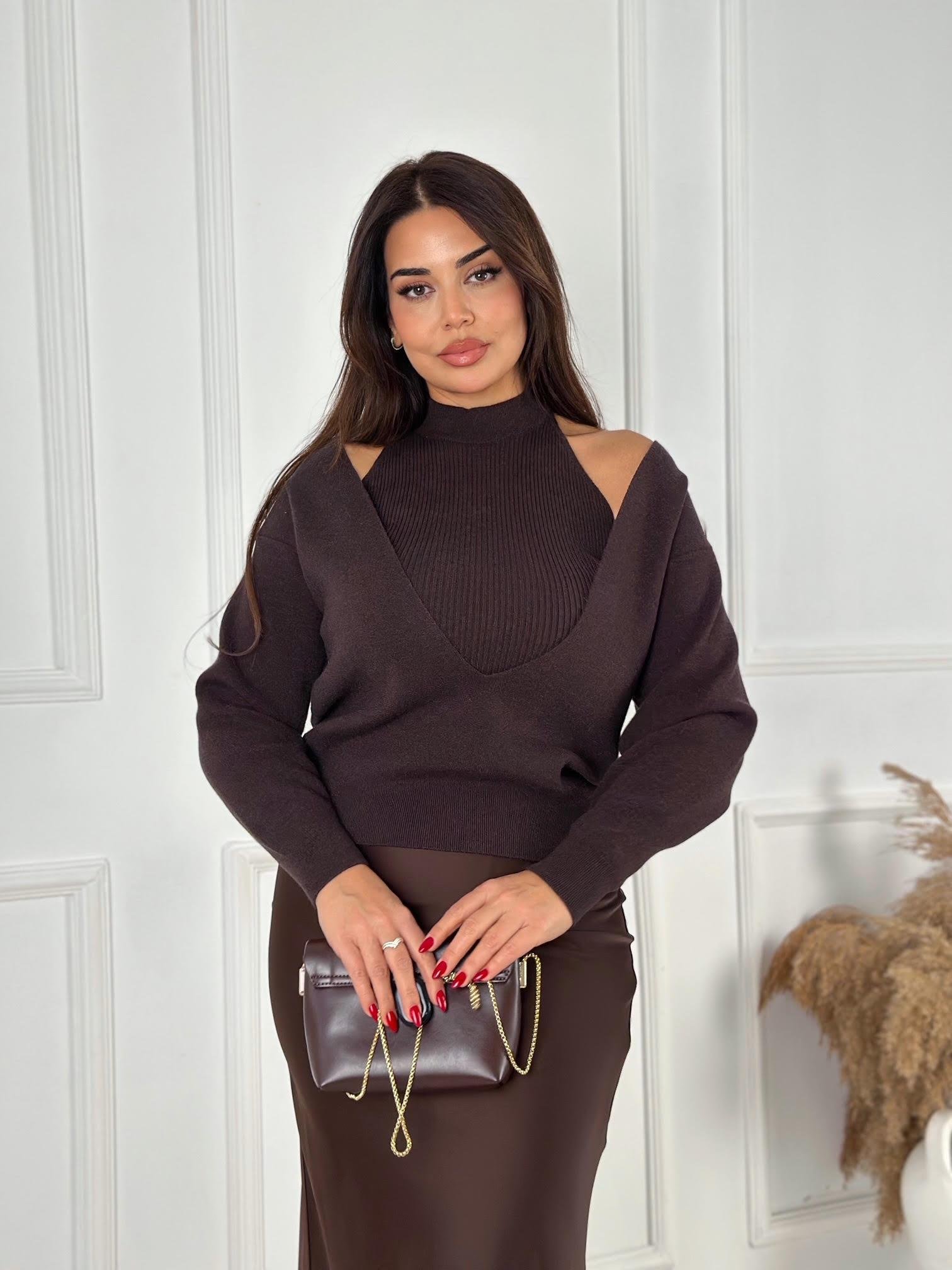 İç Atlet Detaylı İkili Triko Bluz – Kahve