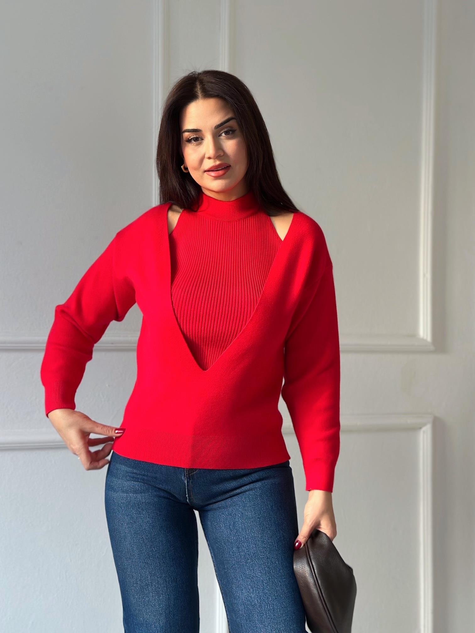 İç Atlet Detaylı İkili Triko Bluz – Kırmızı