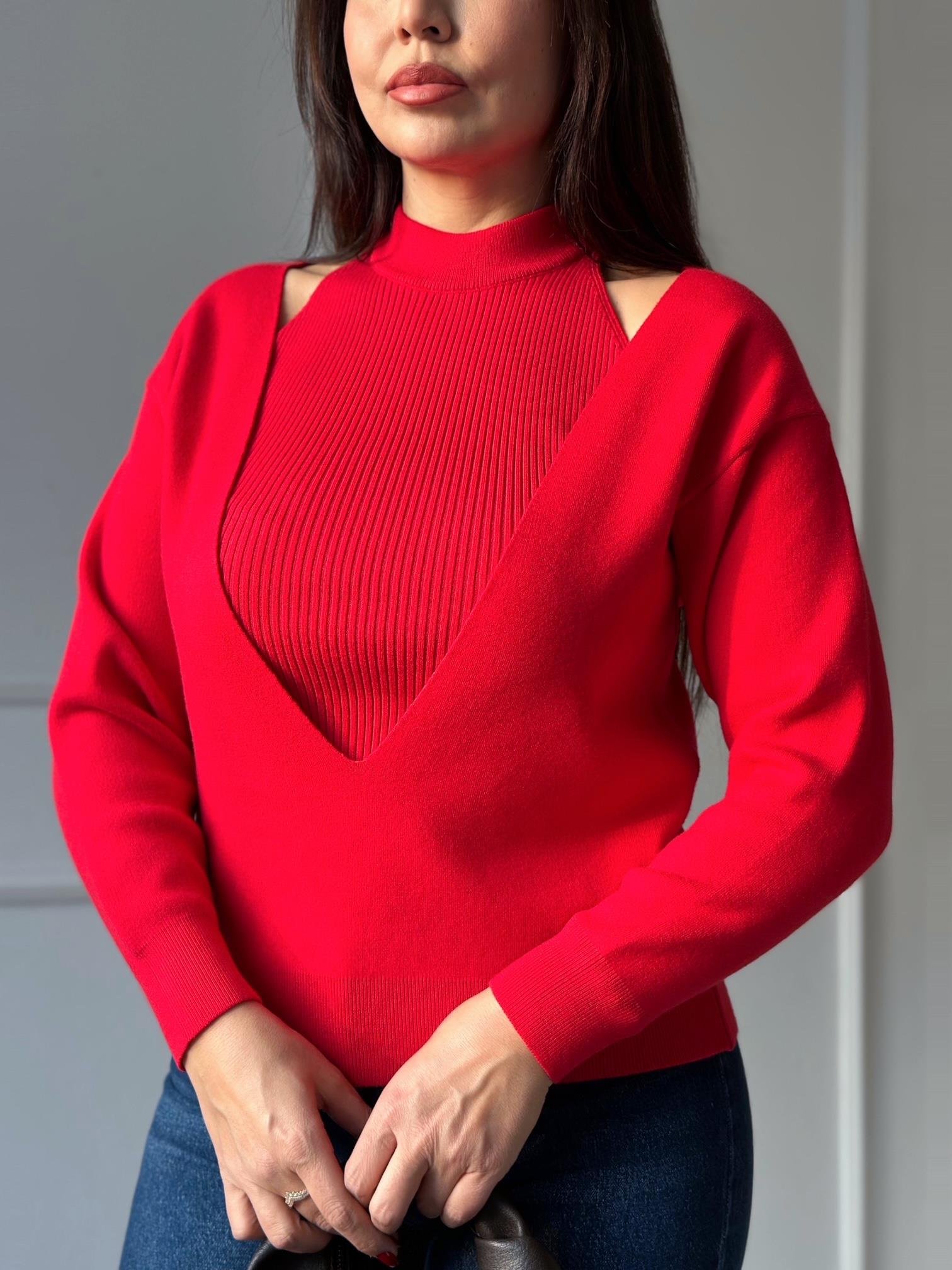 İç Atlet Detaylı İkili Triko Bluz – Kırmızı