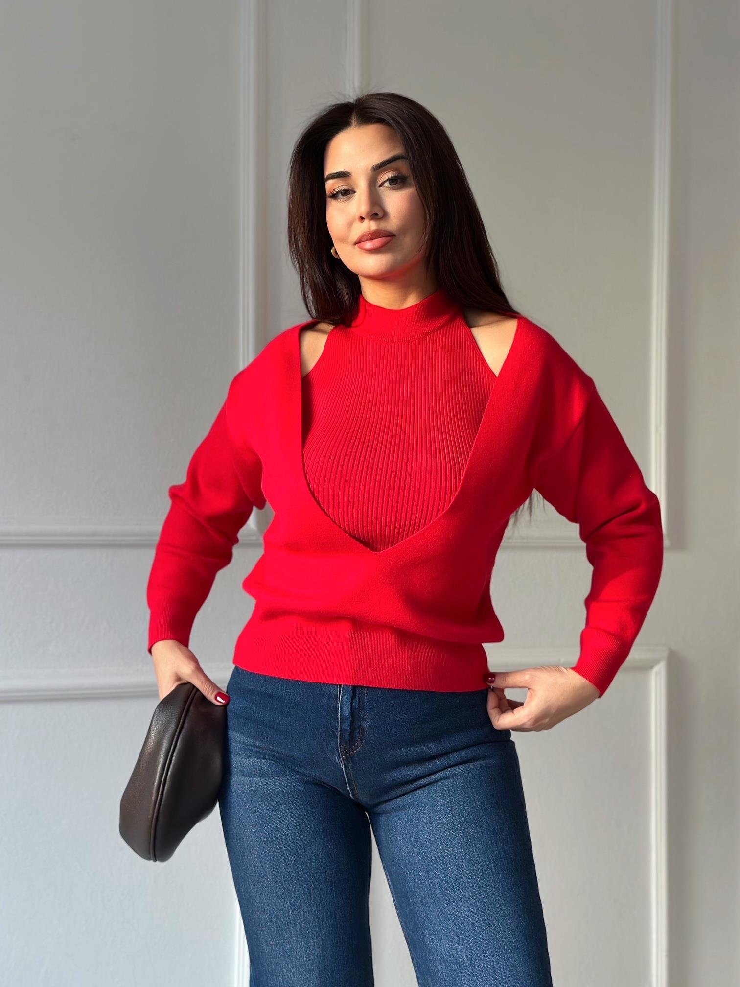 İç Atlet Detaylı İkili Triko Bluz – Kırmızı