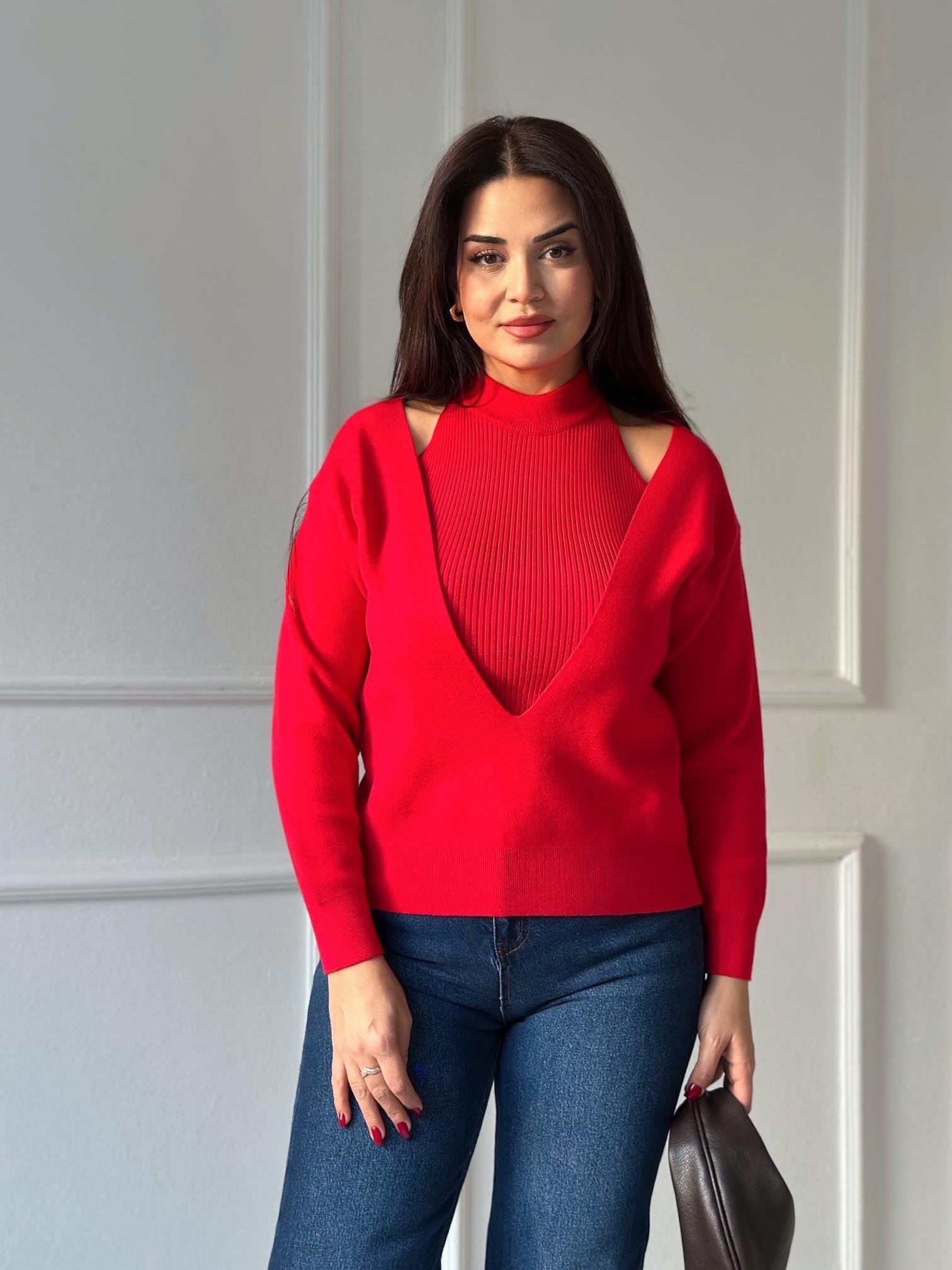 İç Atlet Detaylı İkili Triko Bluz – Kırmızı