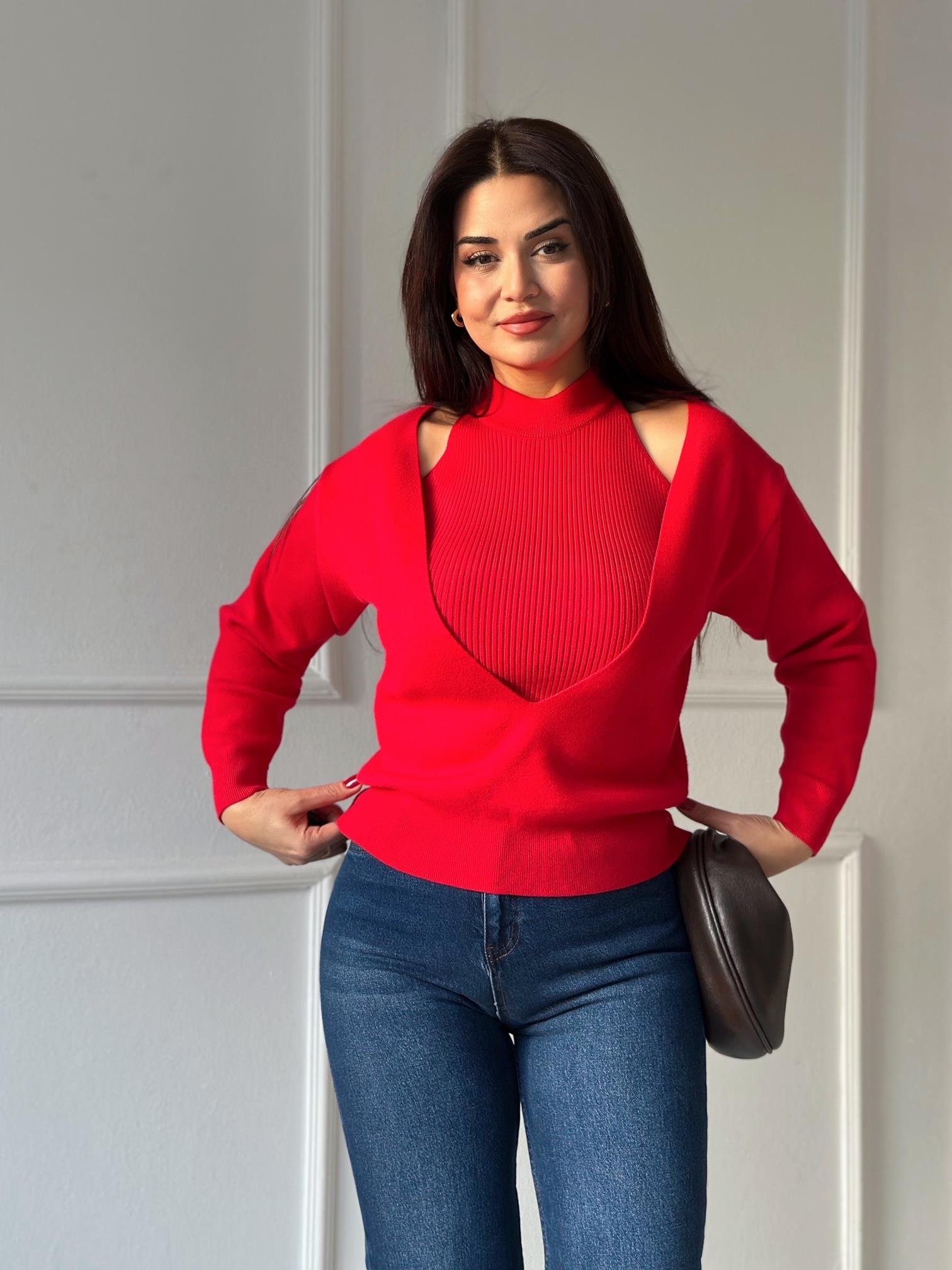 İç Atlet Detaylı İkili Triko Bluz – Kırmızı