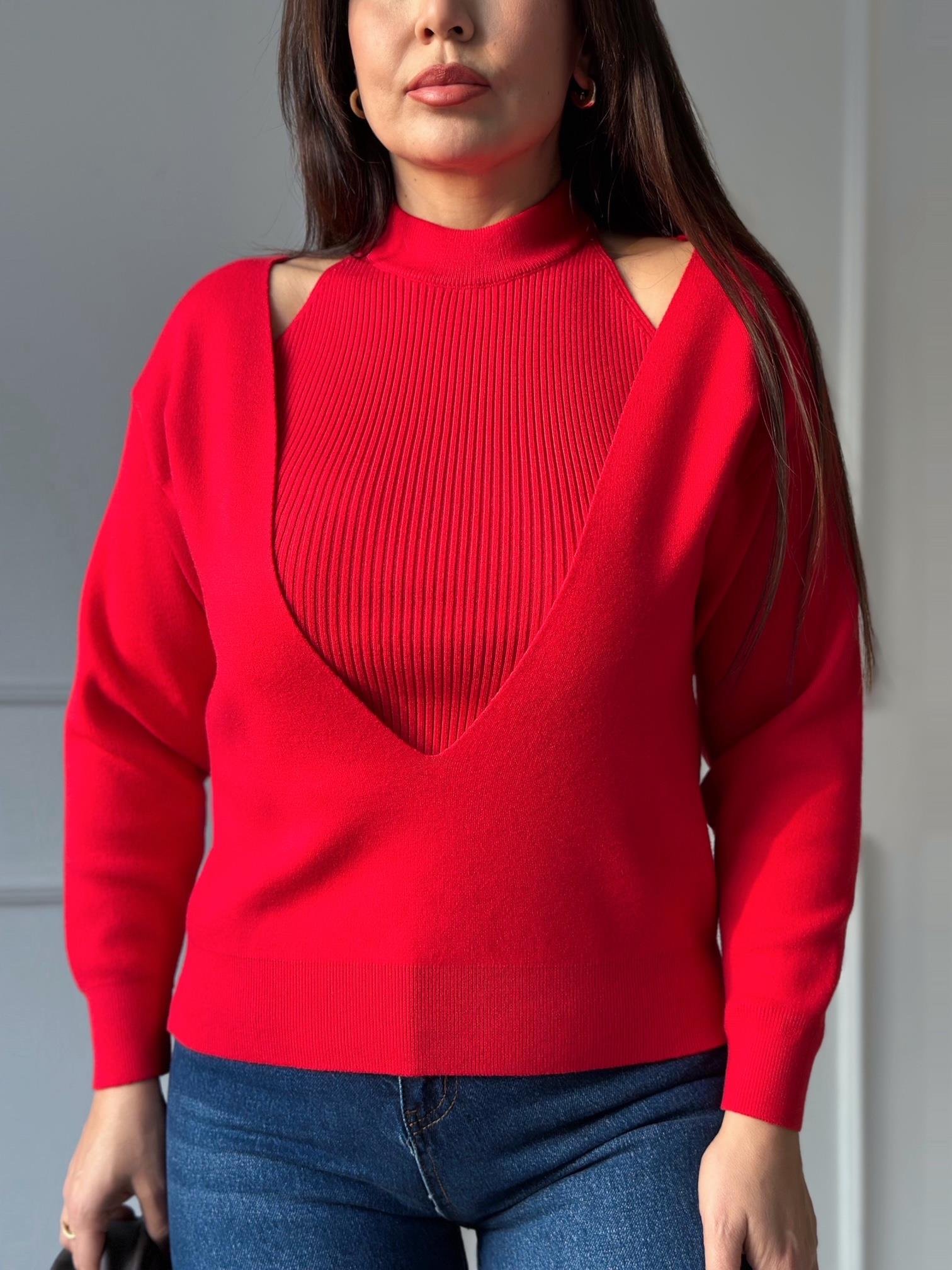 İç Atlet Detaylı İkili Triko Bluz – Kırmızı