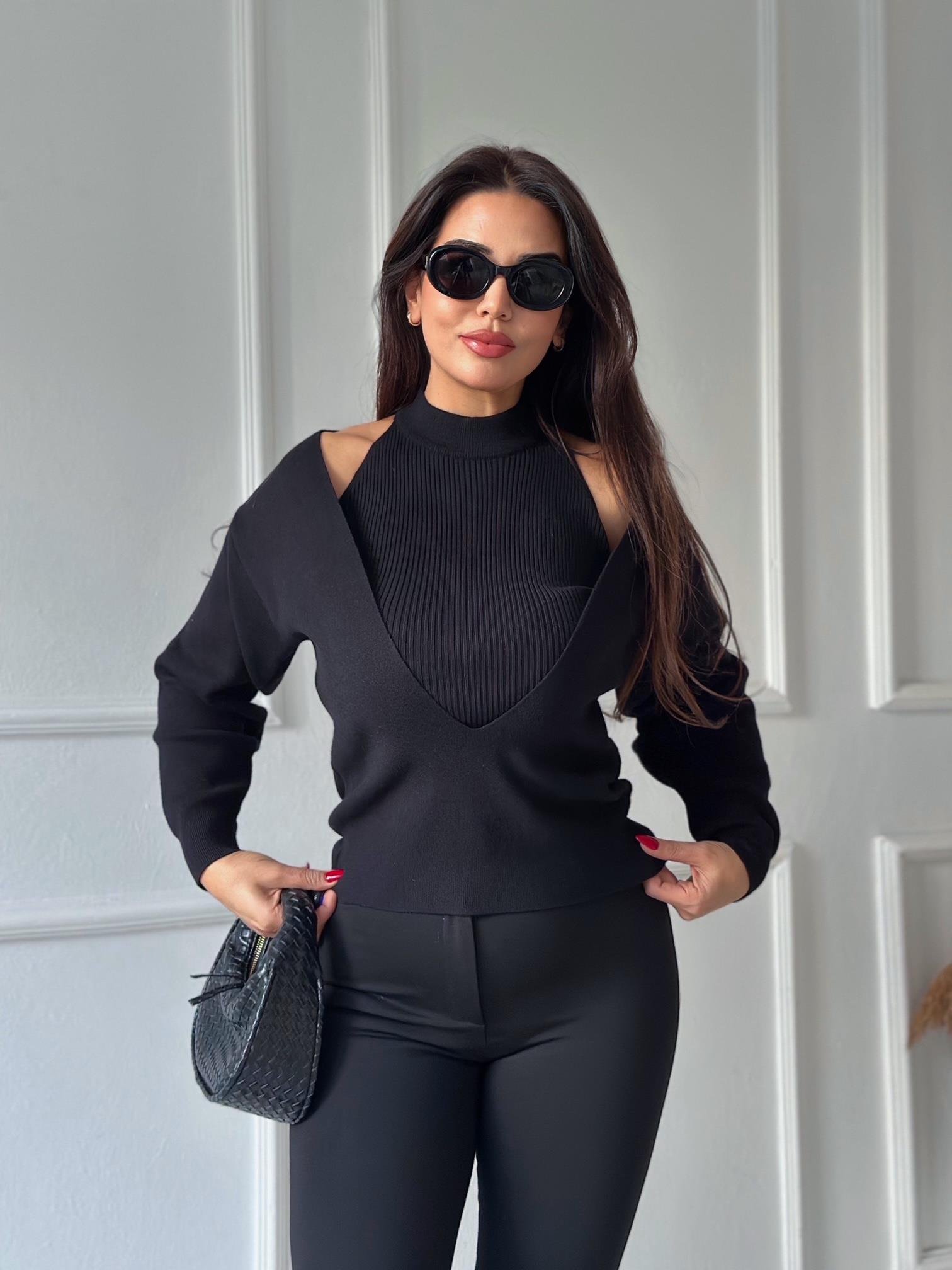 İç Atlet Detaylı İkili Triko Bluz – Siyah