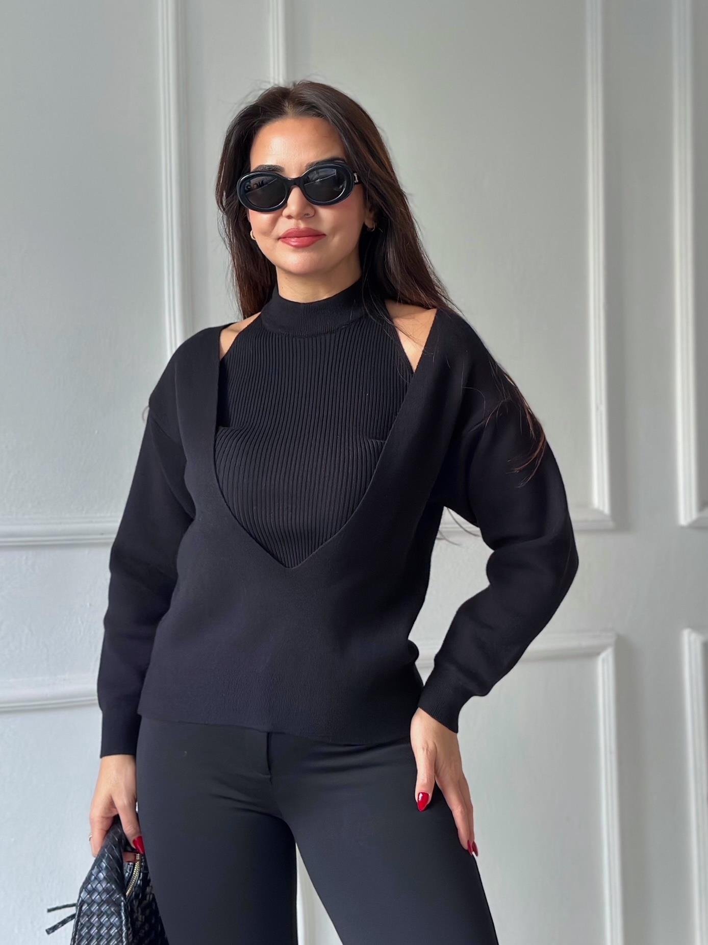 İç Atlet Detaylı İkili Triko Bluz – Siyah