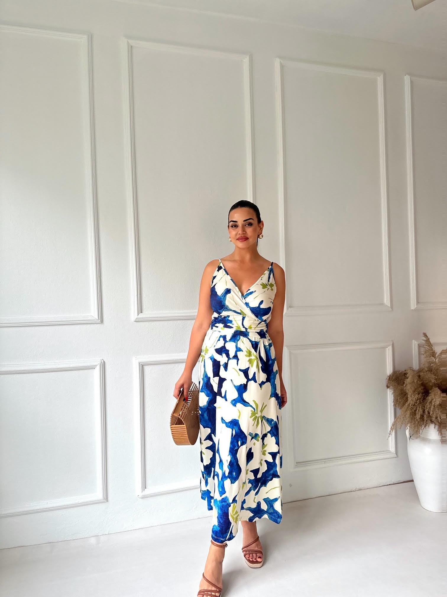 İp Askılı Kruvaze Çiçek Desenli Maksi Elbise 