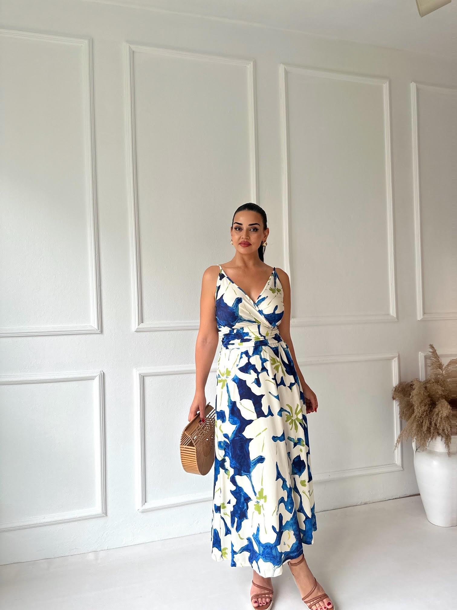 İp Askılı Kruvaze Çiçek Desenli Maksi Elbise 