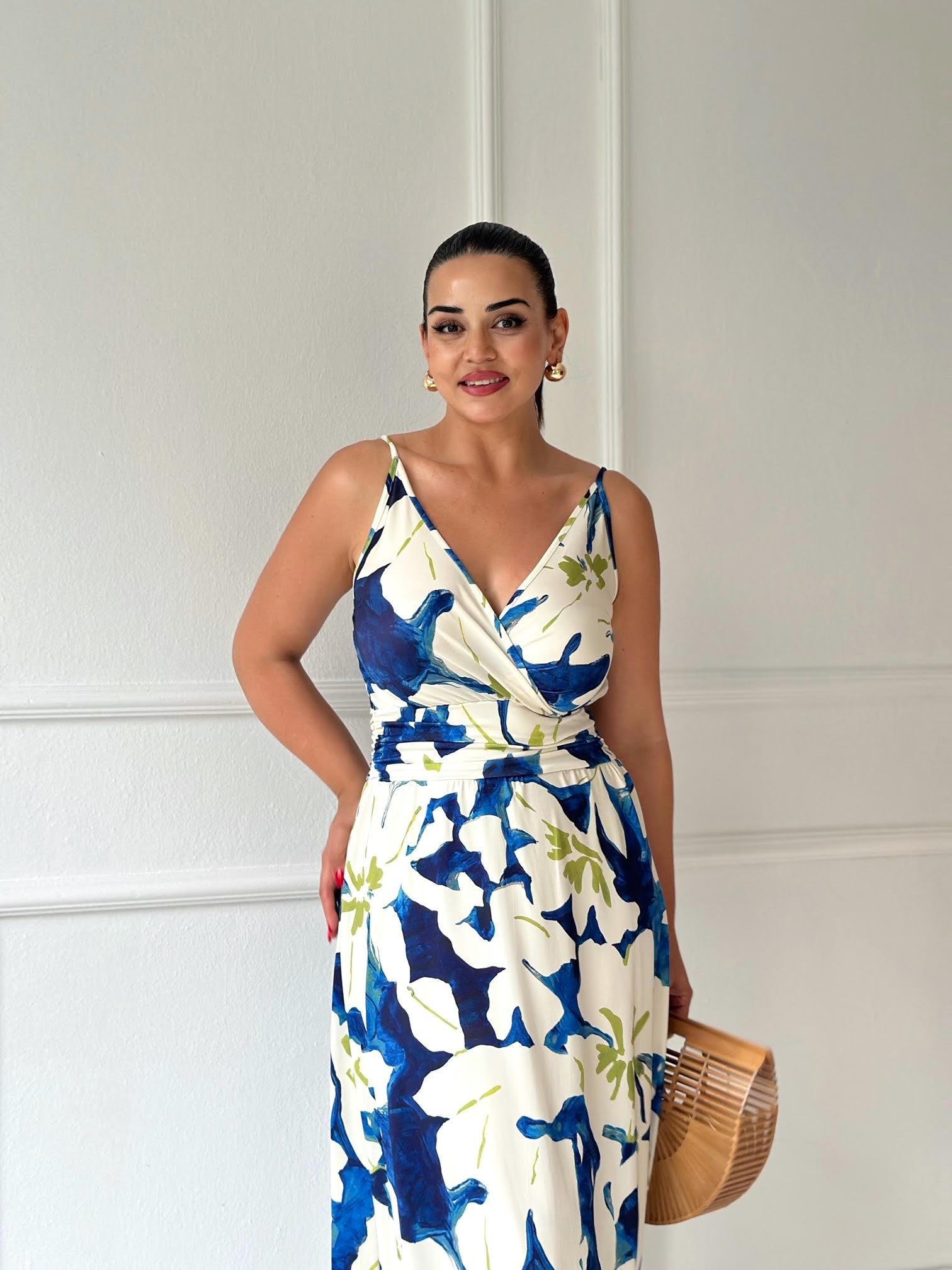 İp Askılı Kruvaze Çiçek Desenli Maksi Elbise 