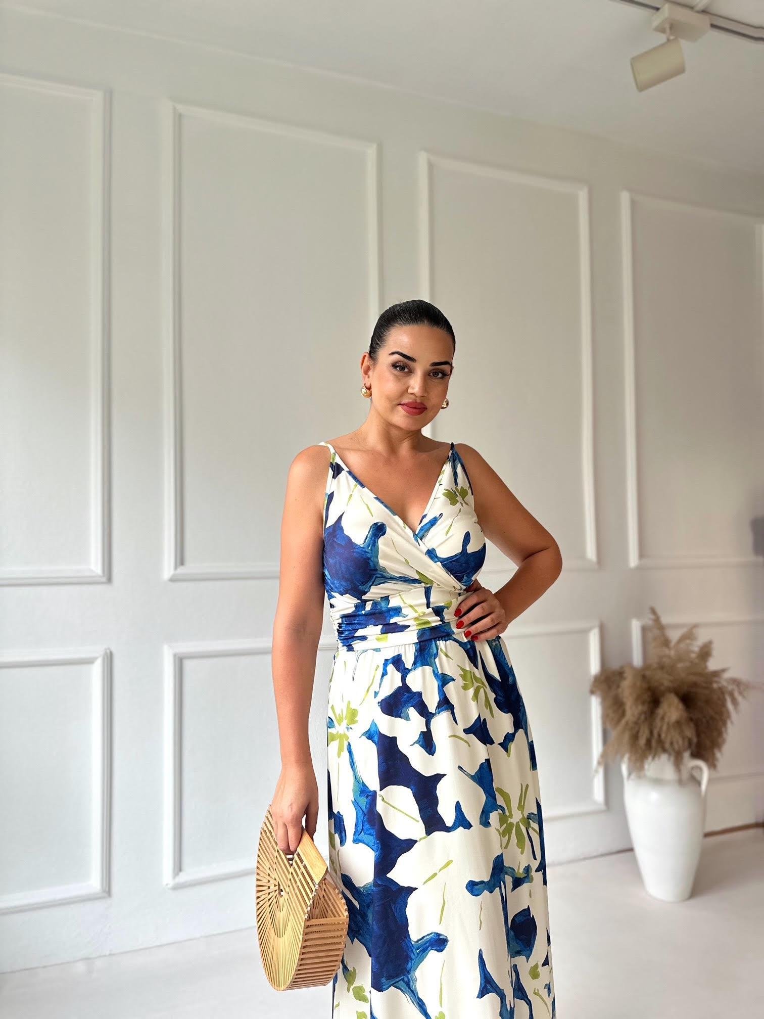 İp Askılı Kruvaze Çiçek Desenli Maksi Elbise 