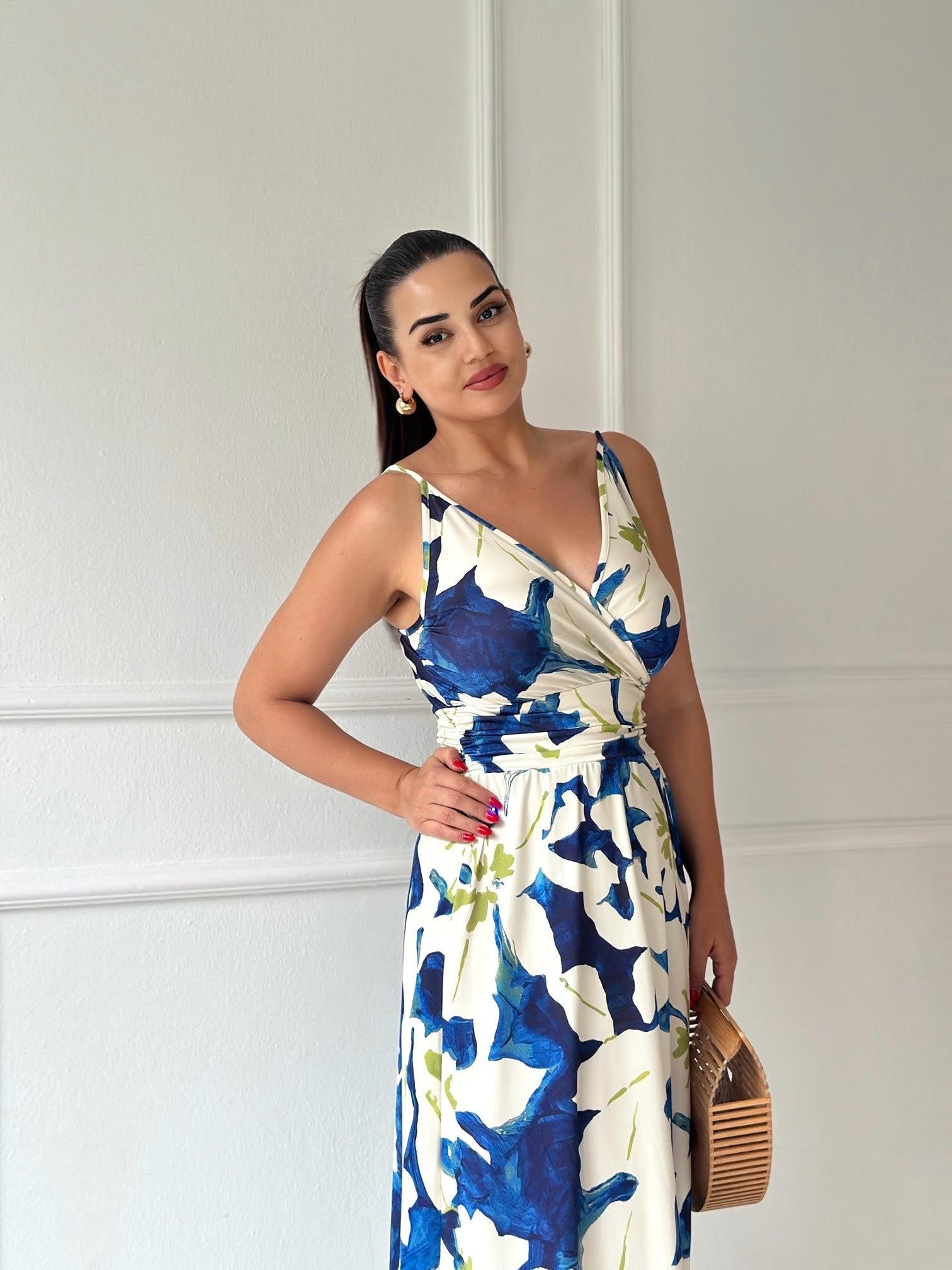 İp Askılı Kruvaze Çiçek Desenli Maksi Elbise 