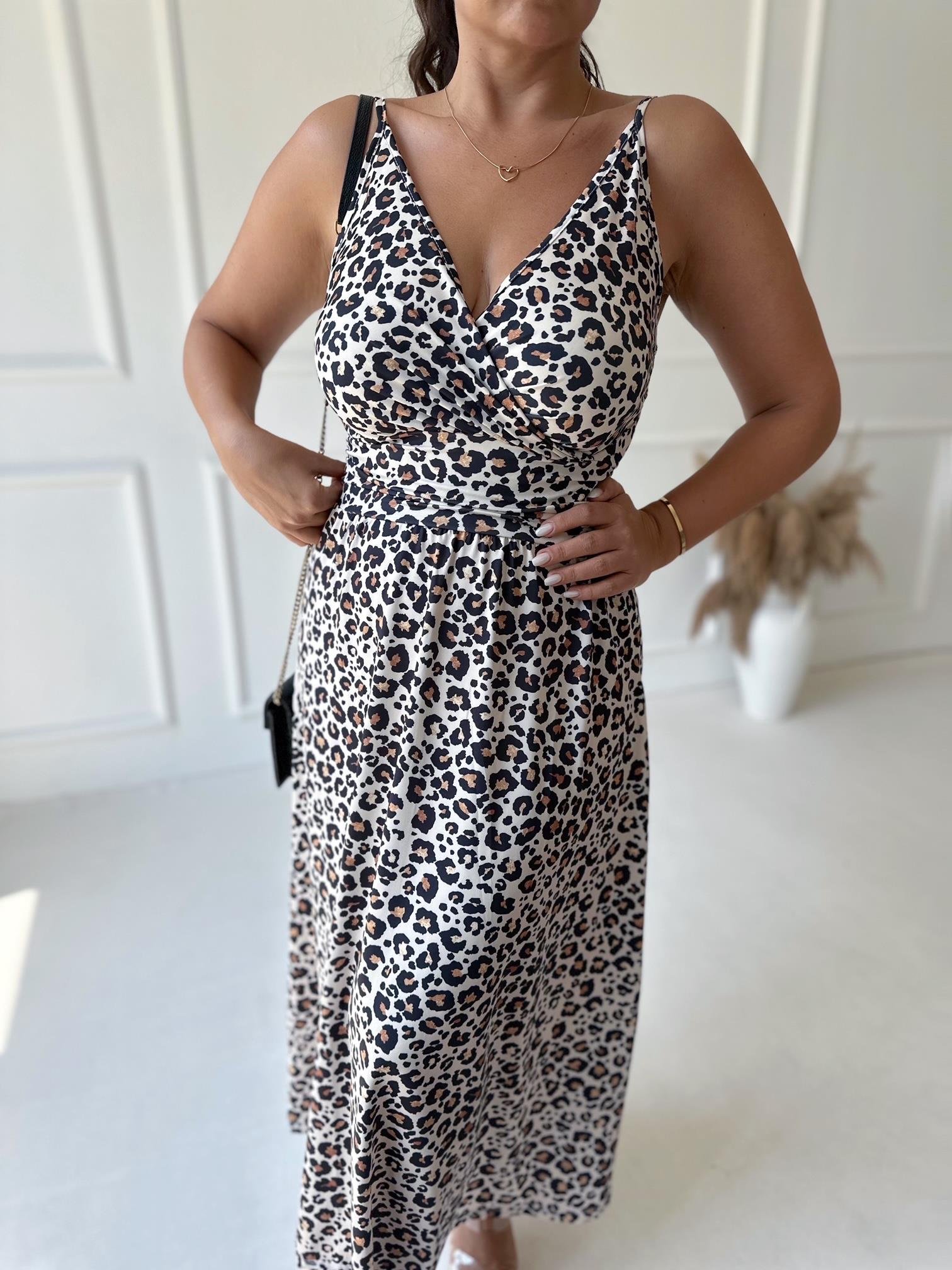İp Askılı Kruvaze Leopar Desenli Maksi Elbise 