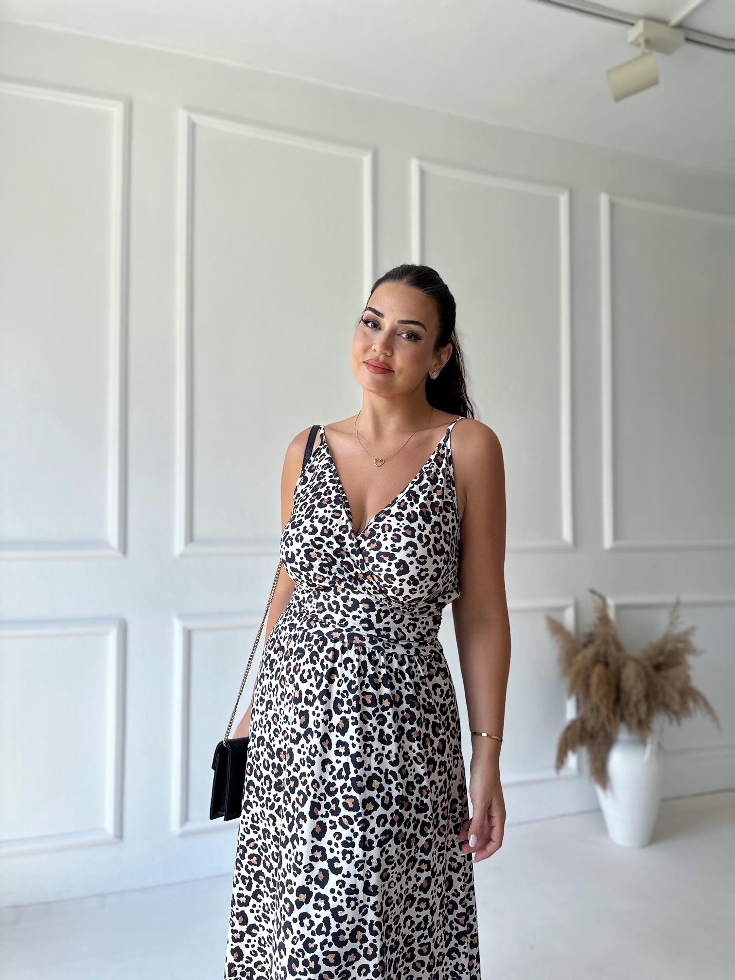İp Askılı Kruvaze Leopar Desenli Maksi Elbise 