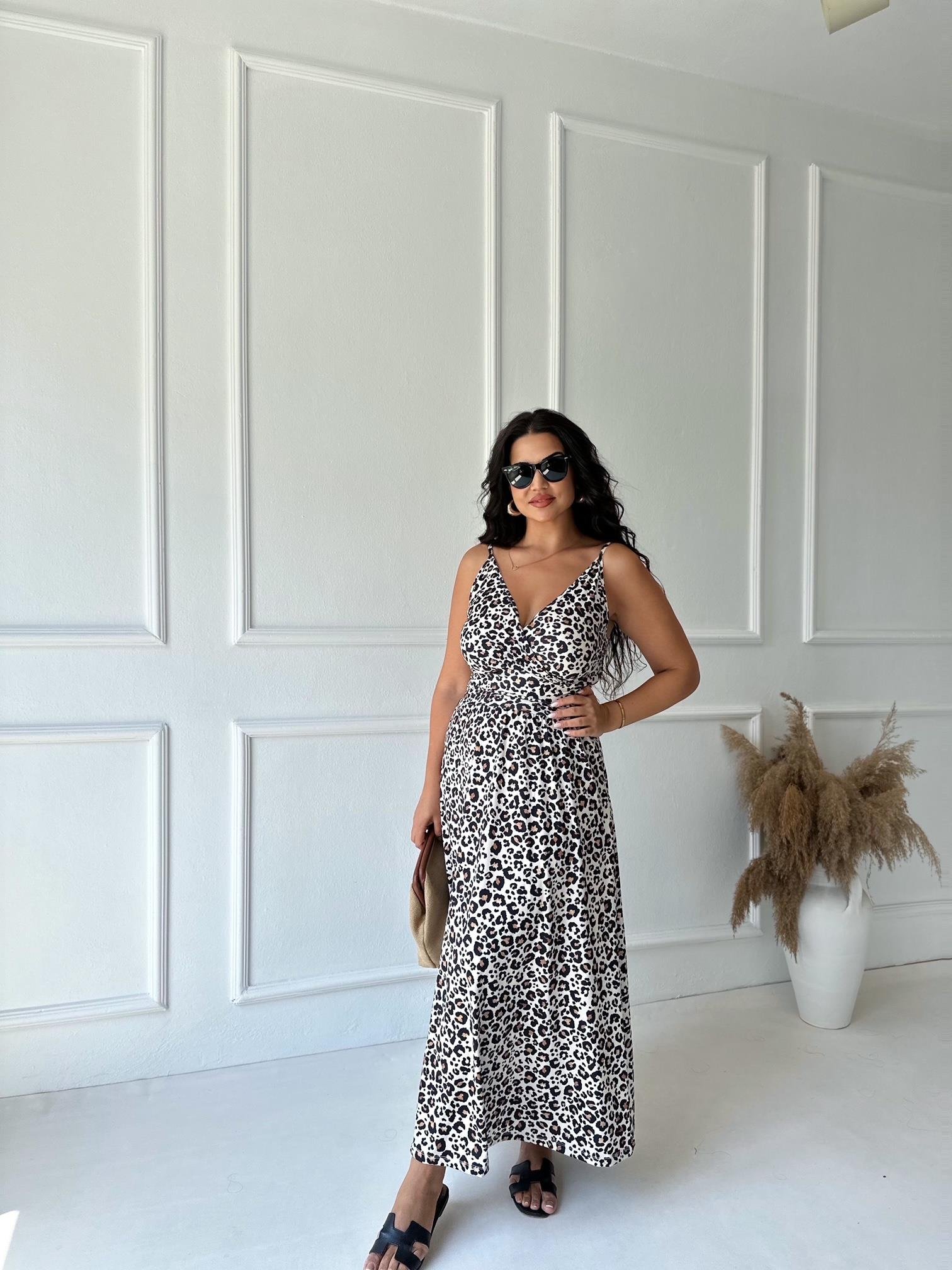 İp Askılı Kruvaze Leopar Desenli Maksi Elbise 