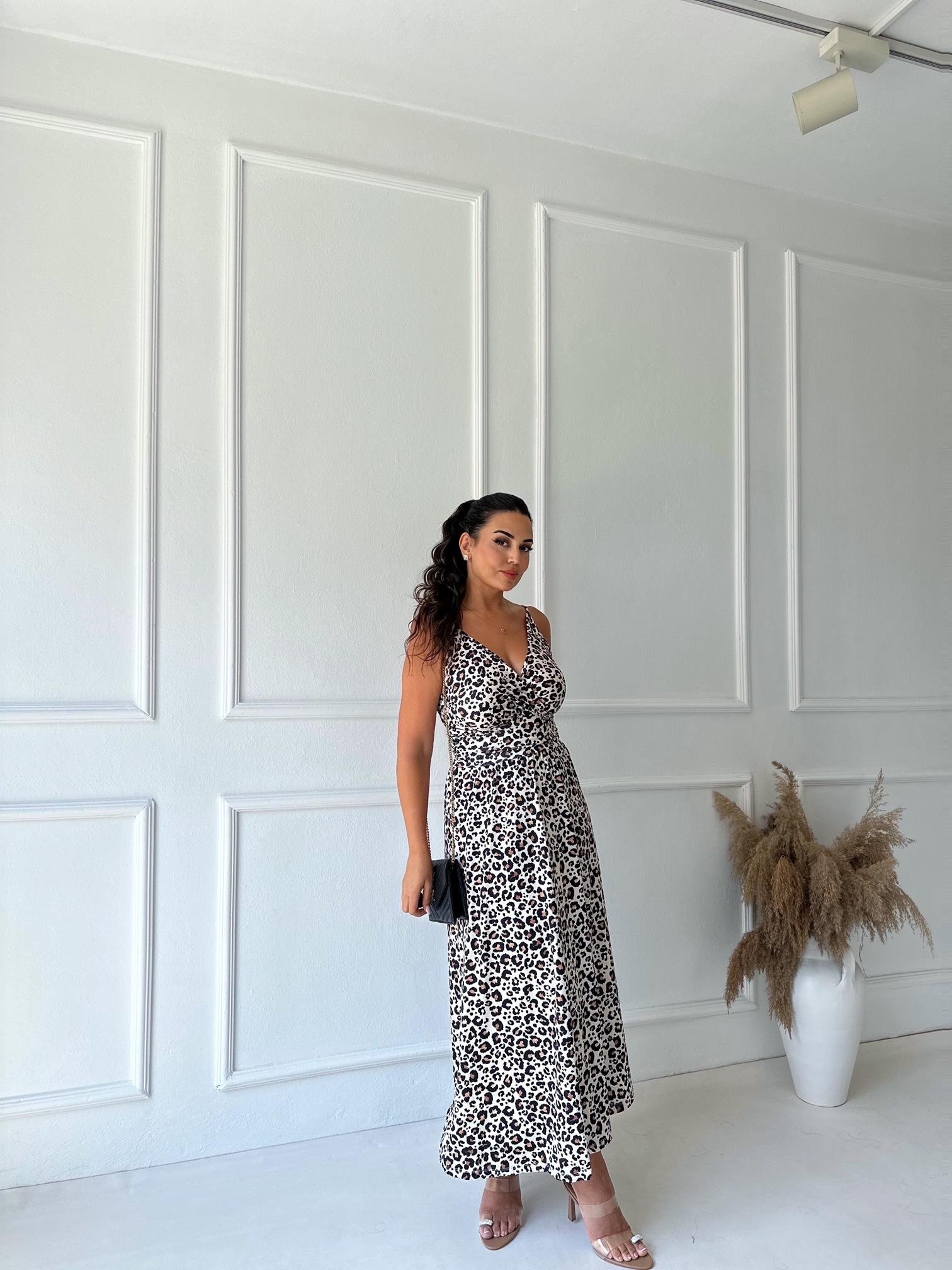 İp Askılı Kruvaze Leopar Desenli Maksi Elbise 