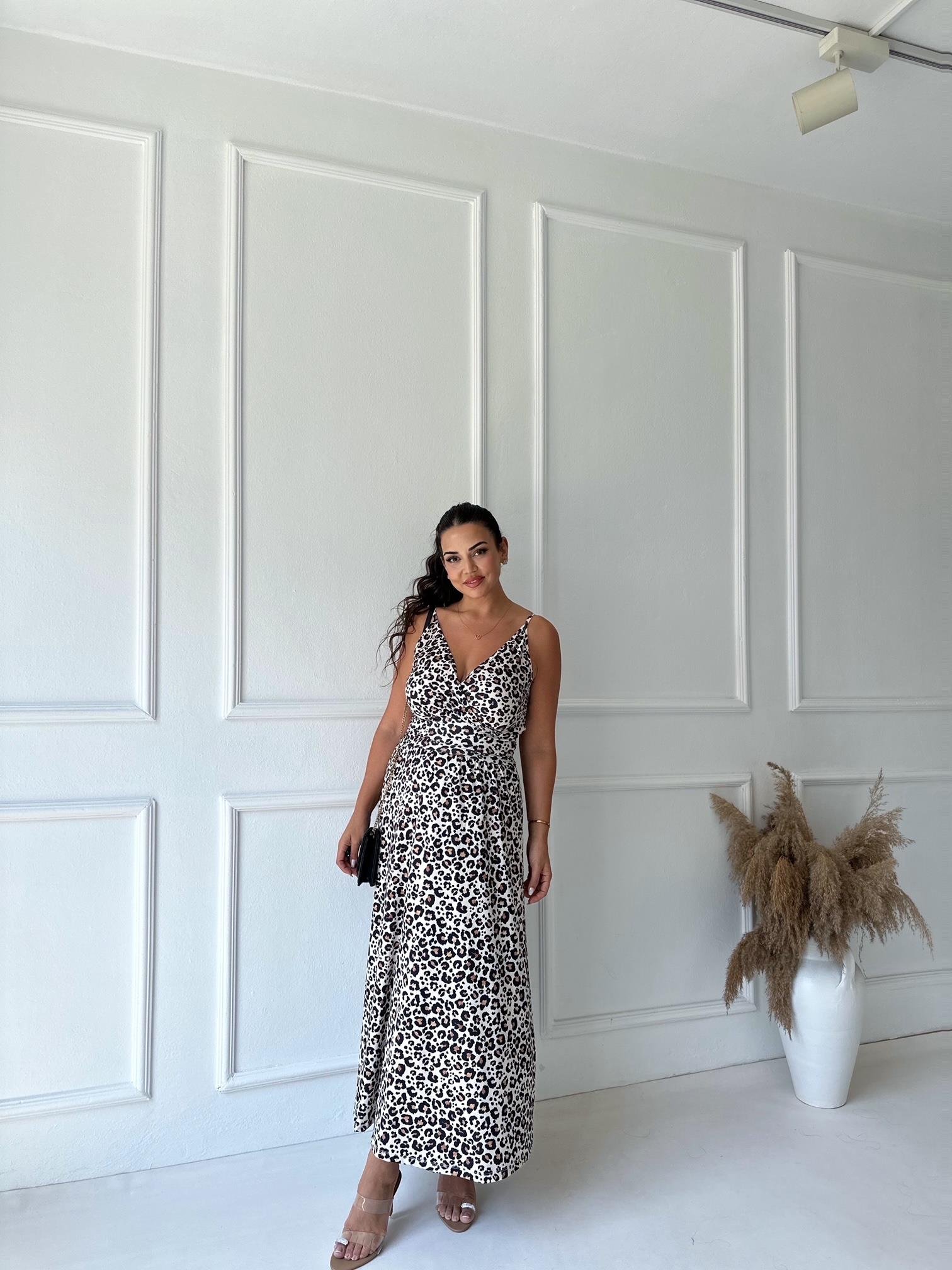 İp Askılı Kruvaze Leopar Desenli Maksi Elbise 