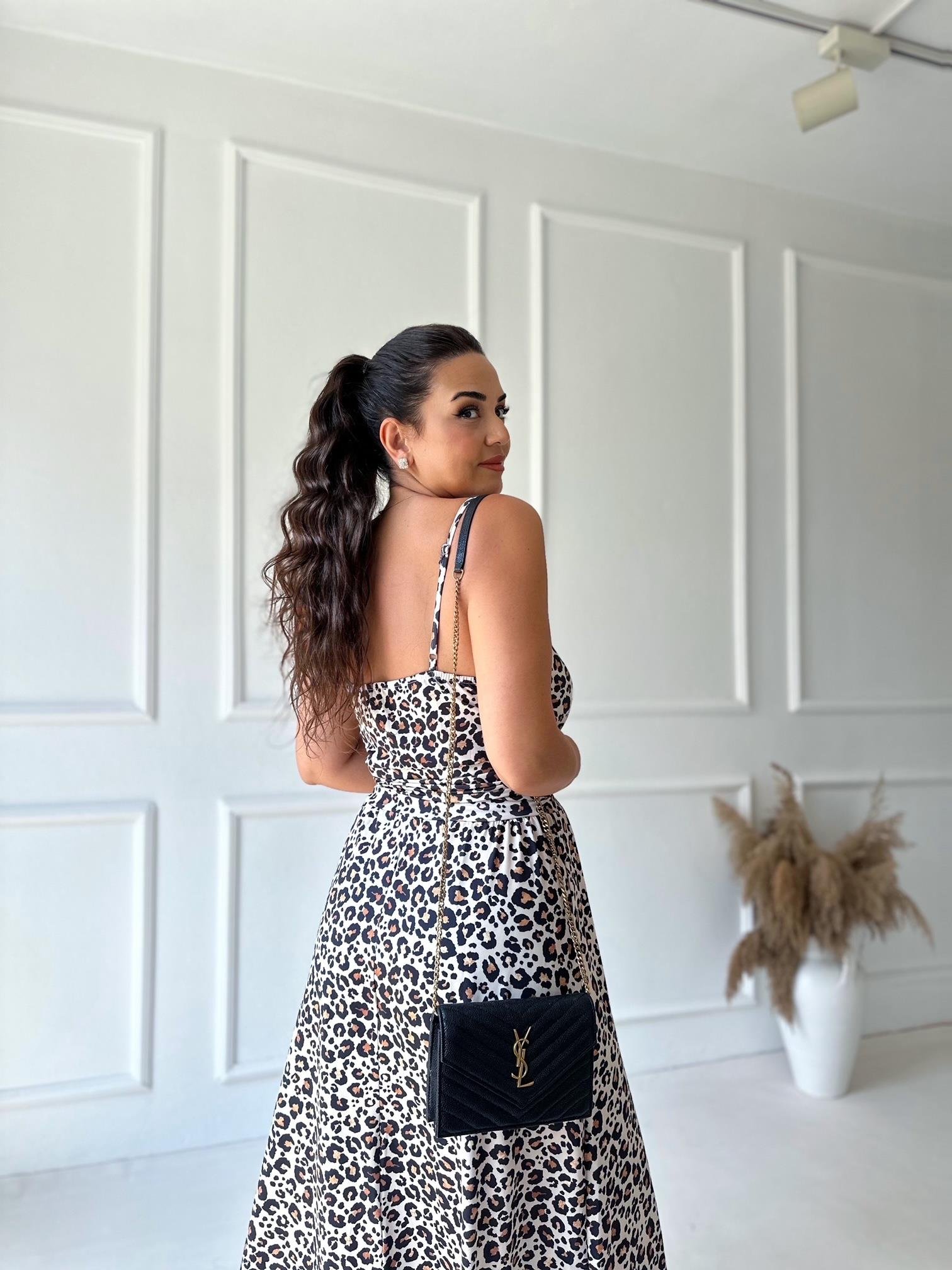 İp Askılı Kruvaze Leopar Desenli Maksi Elbise 