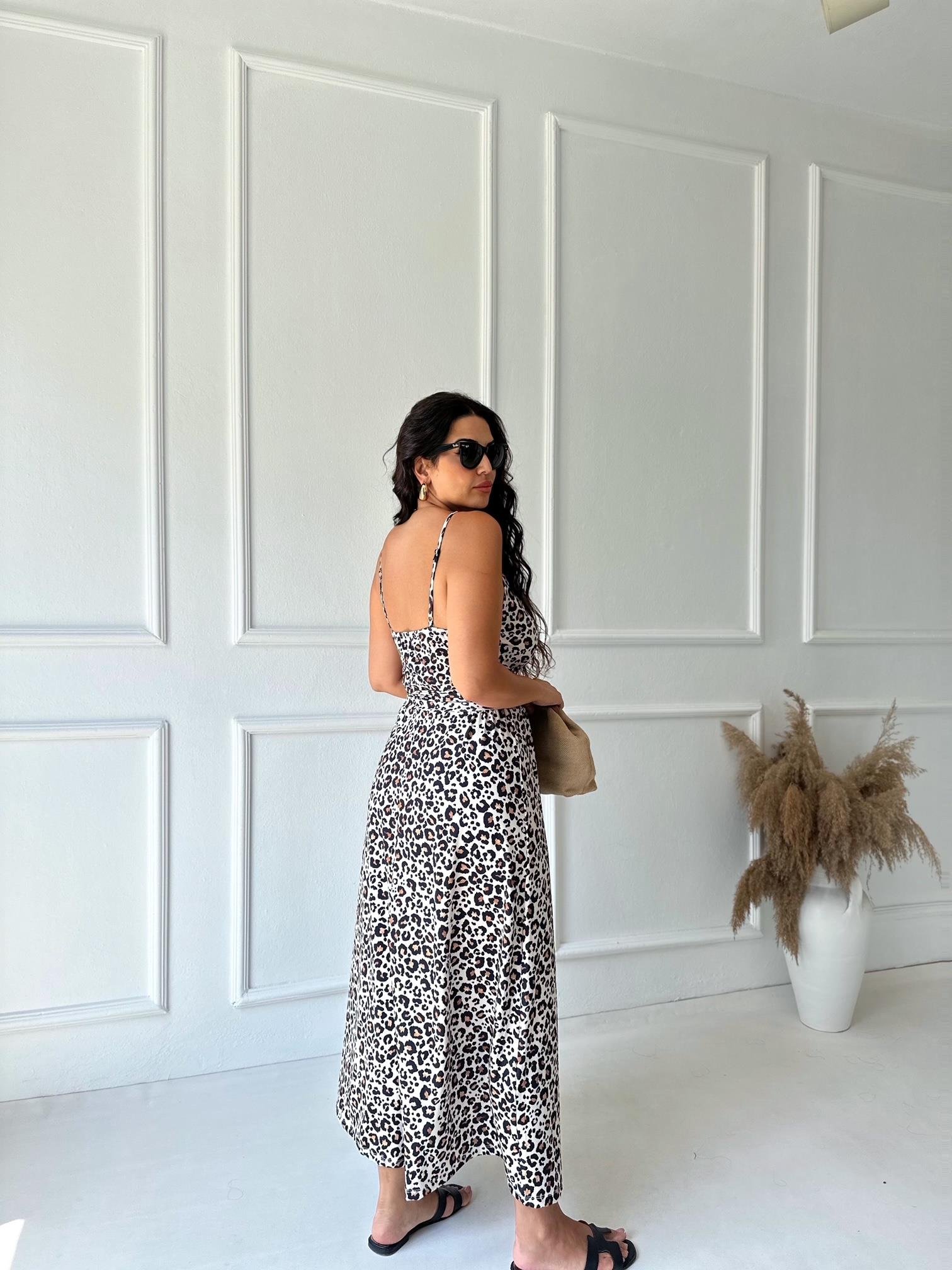İp Askılı Kruvaze Leopar Desenli Maksi Elbise 