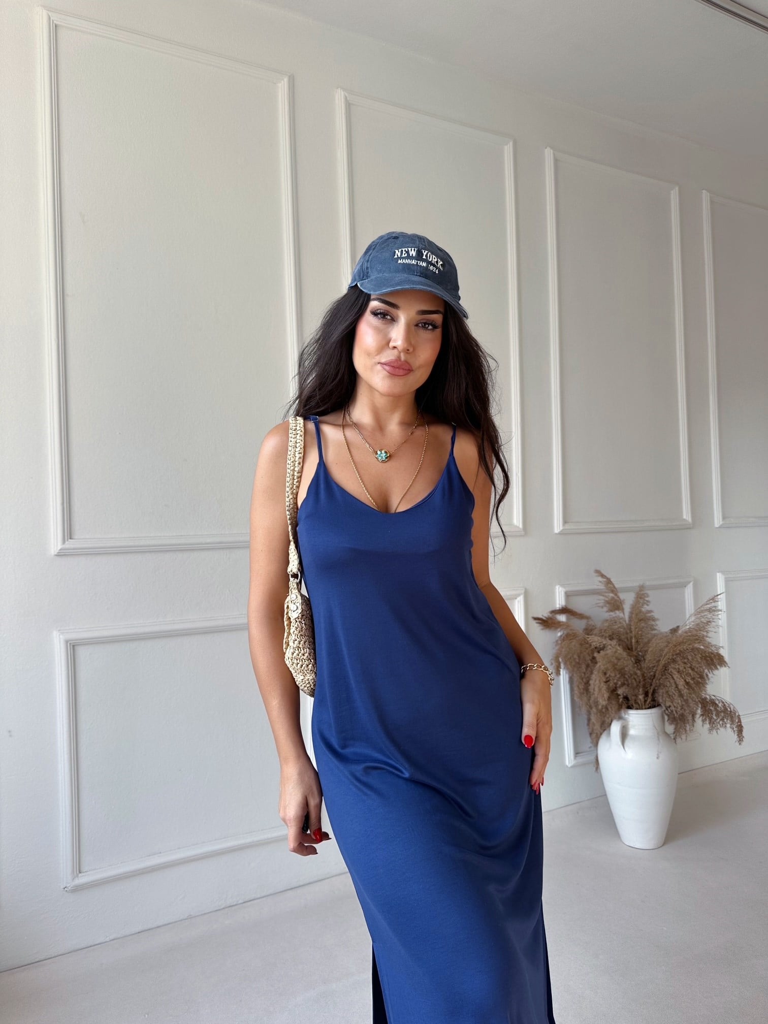İp Askılı V Yaka Modal Maksi Elbise - Lacivert