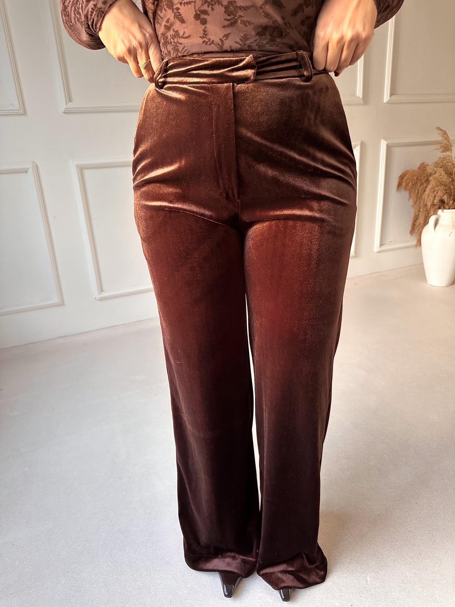 Kadife Palazzo Pantolon Kahve | Nora Butik