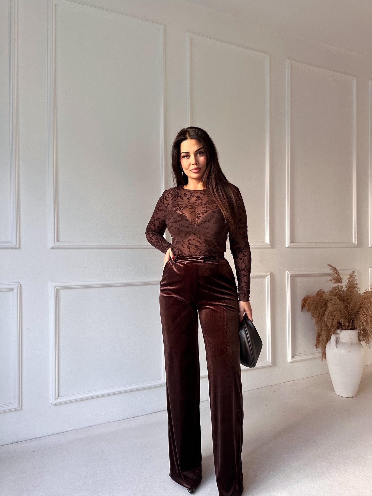 Kadife Palazzo Pantolon Kahve | Nora Butik