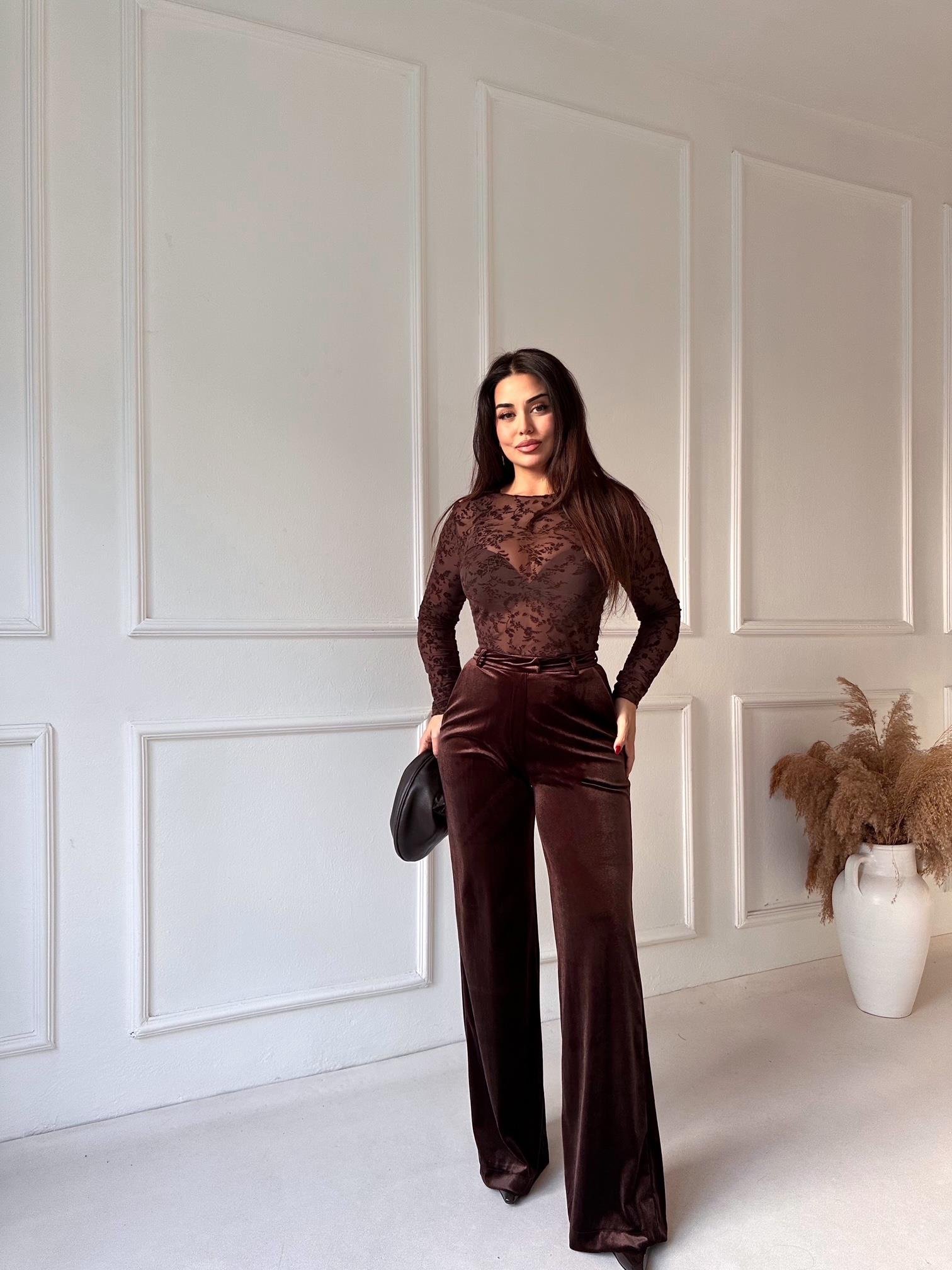 Kadife Palazzo Pantolon Kahve | Nora Butik