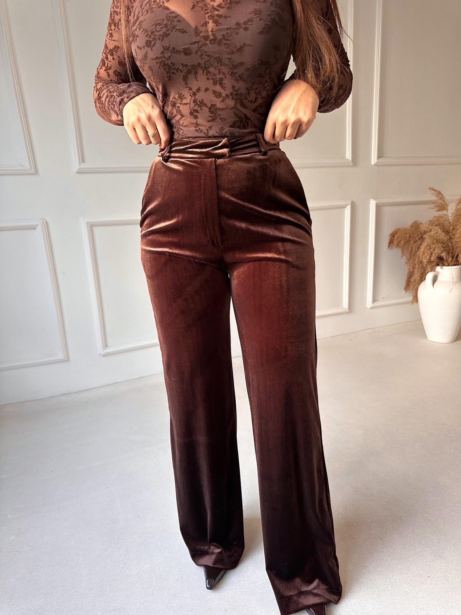 Kadife Palazzo Pantolon Kahve | Nora Butik