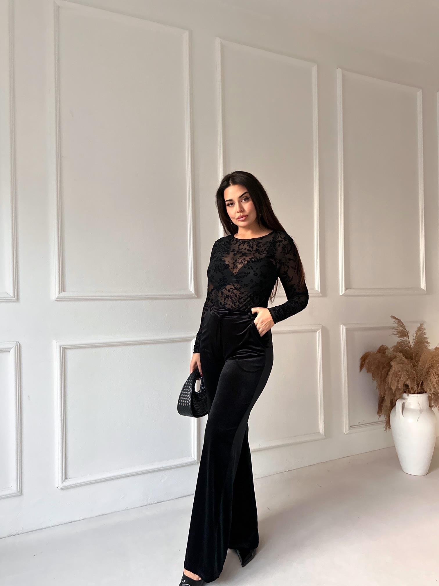 Kadife Palazzo Pantolon Siyah | Nora Butik