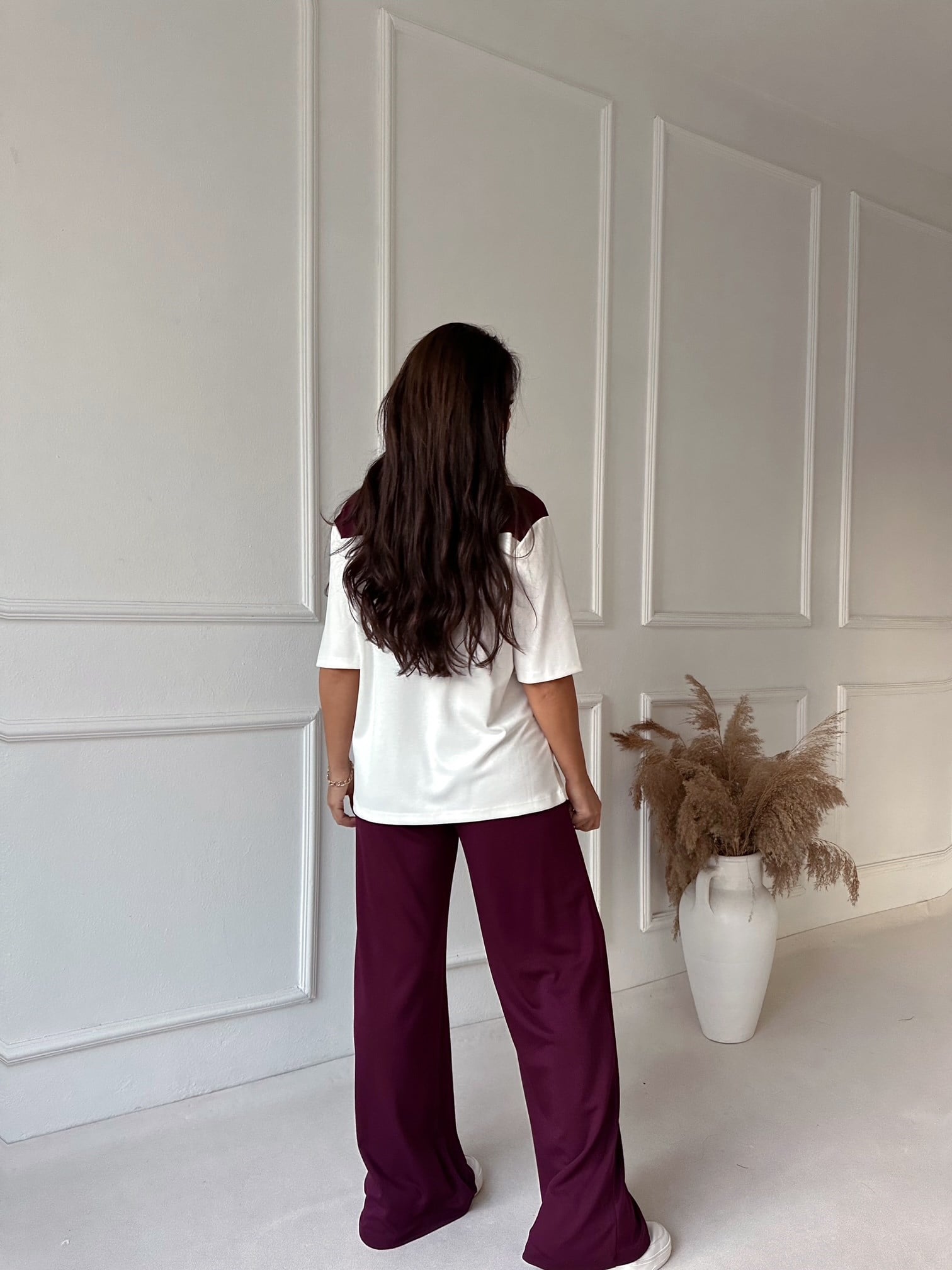 Kendinden Fular Detaylı Tişört Pantolon Takım - Bordo