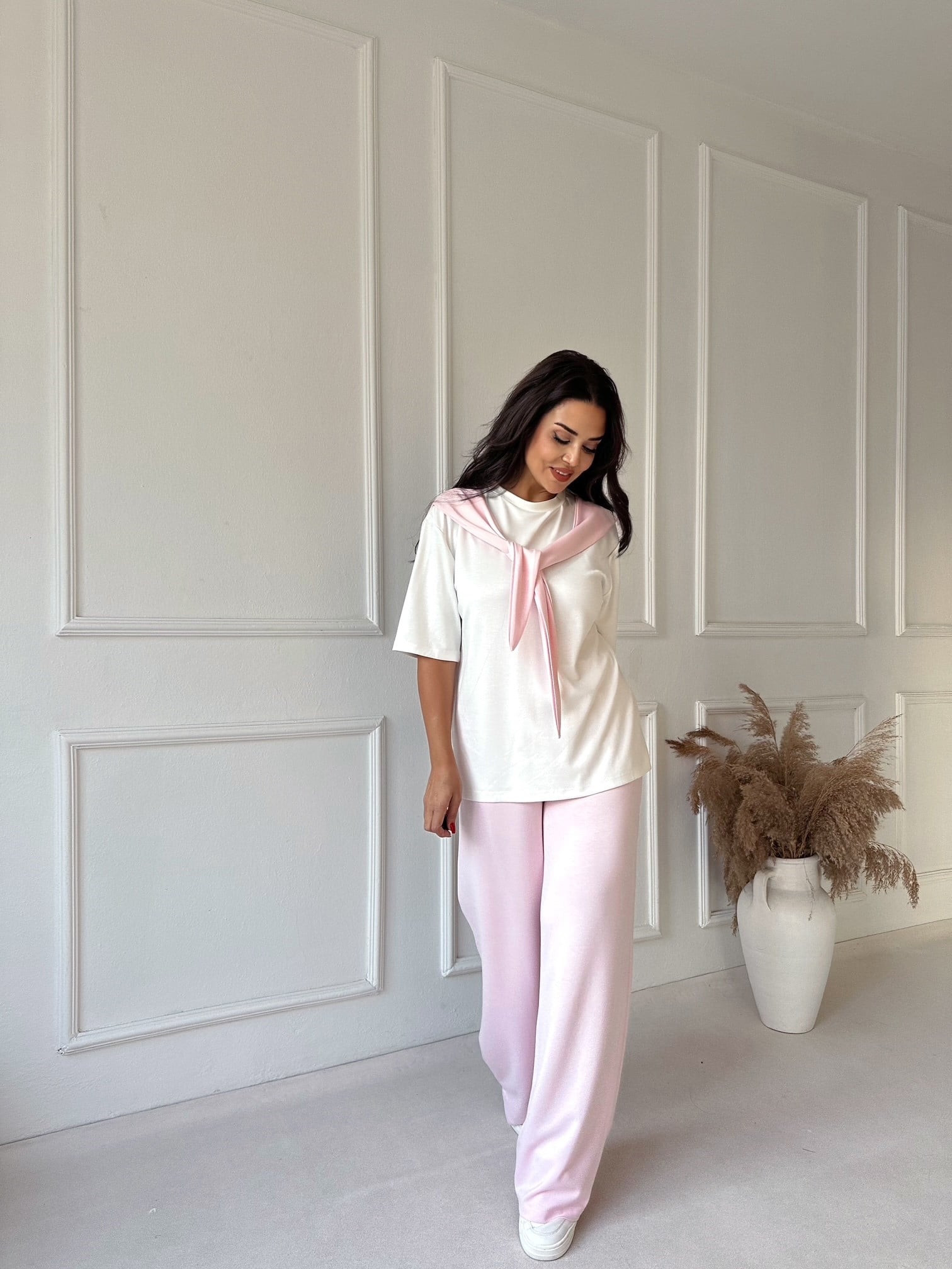 Kendinden Fular Detaylı Tişört Pantolon Takım - Pembe